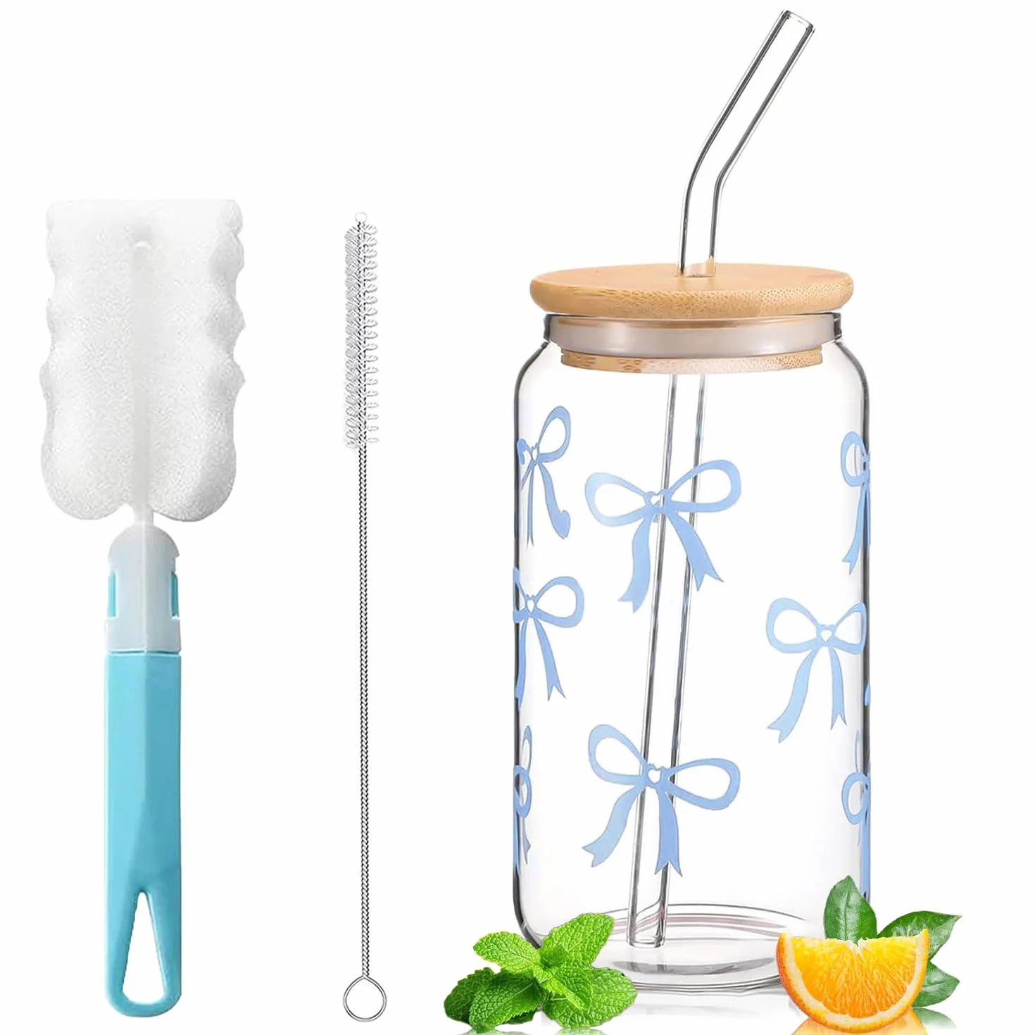 ze słomką i pokrywką, kubek do bubble tea ze szklaną słomką, 16 oz mrożona kawa, szklanka matcha z motywem kokardki, szklanki do coli na mrożoną kawę, koktajl (niebieska kokardka)