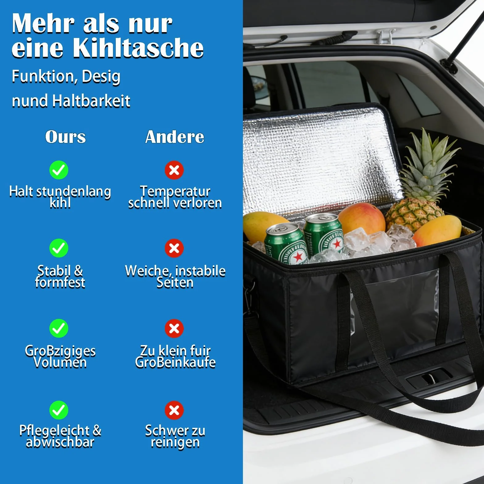 Duża torba termoizolacyjna, składana torba termoizolacyjna, wielokrotnego użytku, czarna, termiczna lodówka na piknik, kemping, grill na świeżym powietrzu, podróż, plaża, zakupy