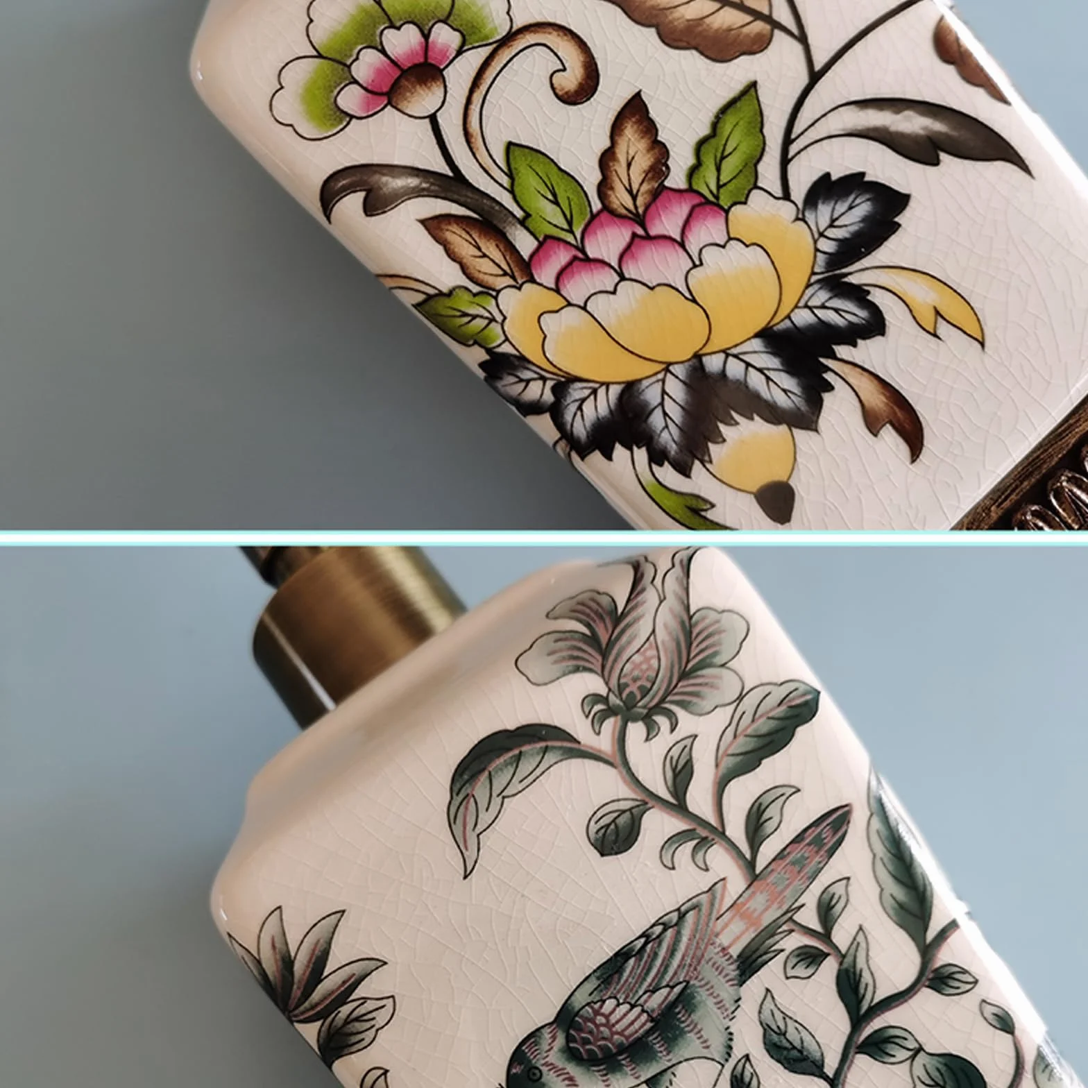 Ceramiczny dozownik balsamu, dozownik odżywki do szamponu, mydło do mycia ciała, spersonalizowane butelki z dozownikiem, do blatu łazienkowego (wzory białych kwiatowych ptaków)