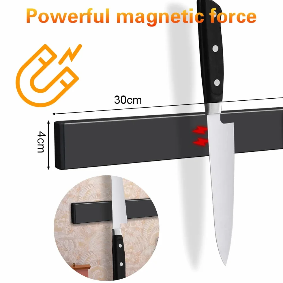 FOGARI listwa magnetyczna na nóż 30 cm stal nierdzewna z 3 haczykami czarna