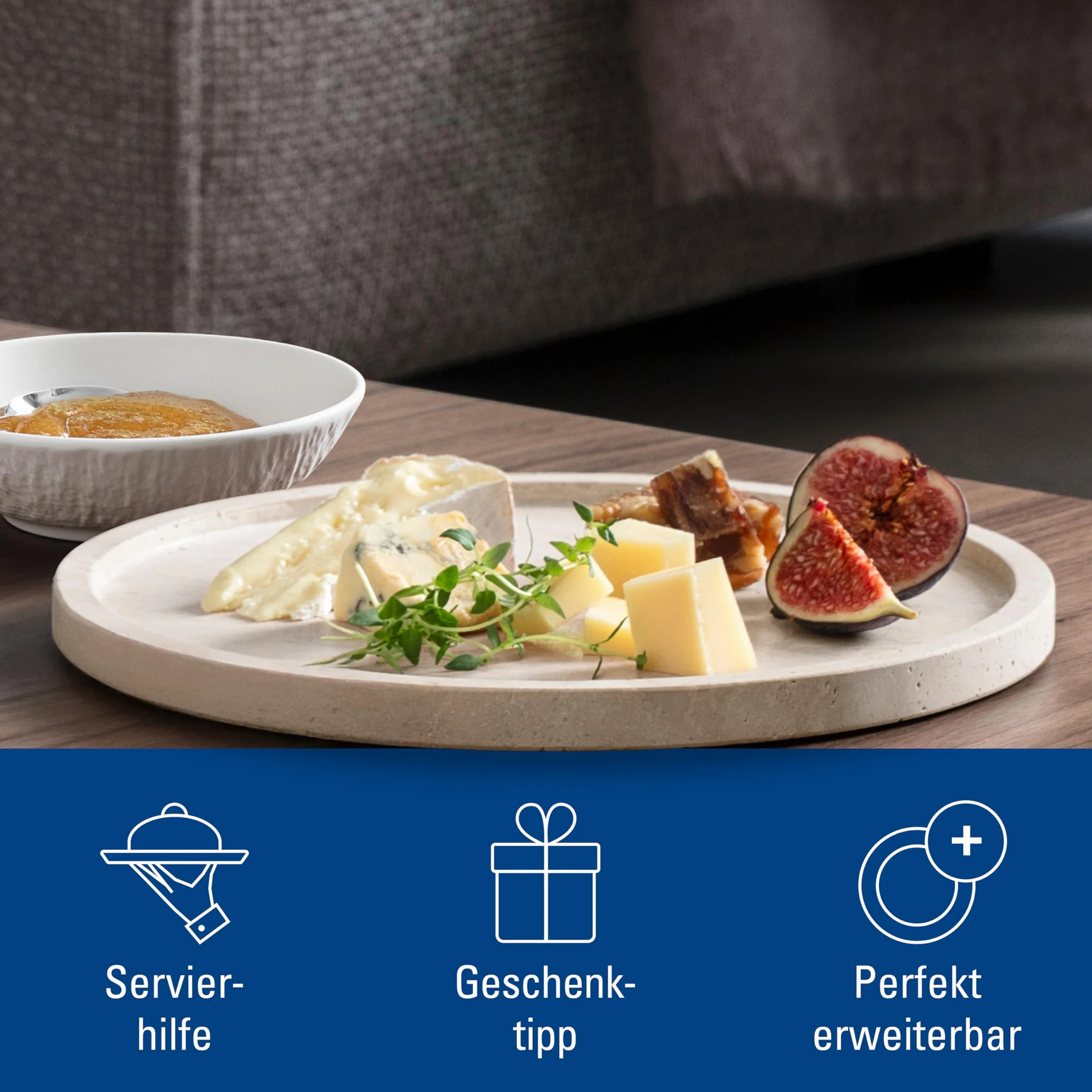 Villeroy & Boch – Manufacture Travertine talerz do serwowania, praca ręczna, elegancki talerz do serwowania z naturalnego kamienia w odcieniach piasku, talerz kamień, naczynia, trawertyn