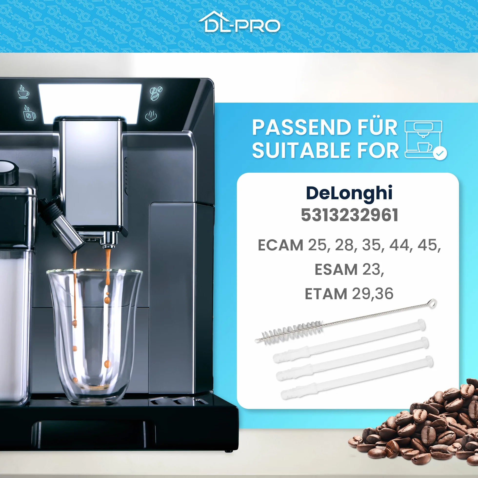 DL-pro 3 x rura ssąca do mleka 15,6 cm do DeLonghi ECAM ETAM ESAM 5313232961, wąż do mleka do LatteCrema Milk System, ekspres do kawy + szczotka do czyszczenia