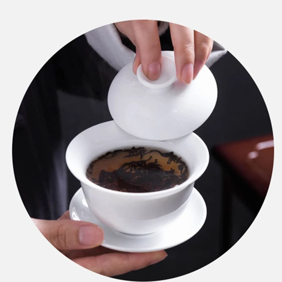 Chińskie porcelanowe filiżanki do herbaty Gaiwan Wspoza Tradycja Sancai Pokrywka Miska Warga Kubek Spodek (300 ml Biały)