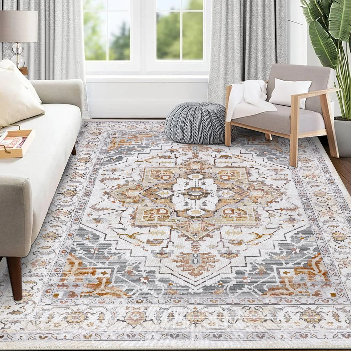 SHACOS Zmywalny Dywan w Stylu Vintage Do Salonu, 160 x 230 cm, Antypoślizgowy, Pomarańczowy, Ultracienki, Lekki, Tradycyjny Nadruk, Boho, Podłogowy Sypialni