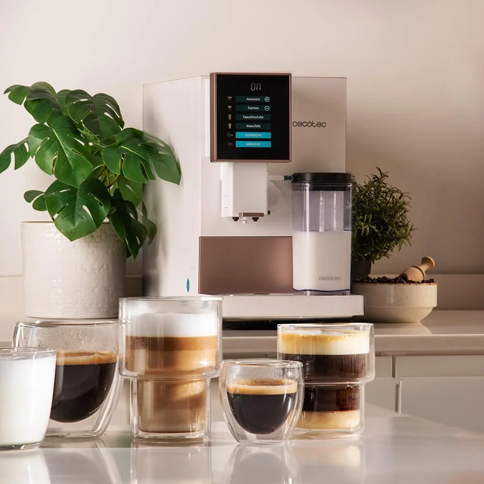 Cecotec Cremmaet Compactccino White Rose, Superautomatyczny ekspres do kawy, 19 barów, system Thermoblock, świeżo zmielone ziarno z Plug&Play, Zbiornik 150 g kawy z młynkiem, 1,1 l wody, 400ml mleka