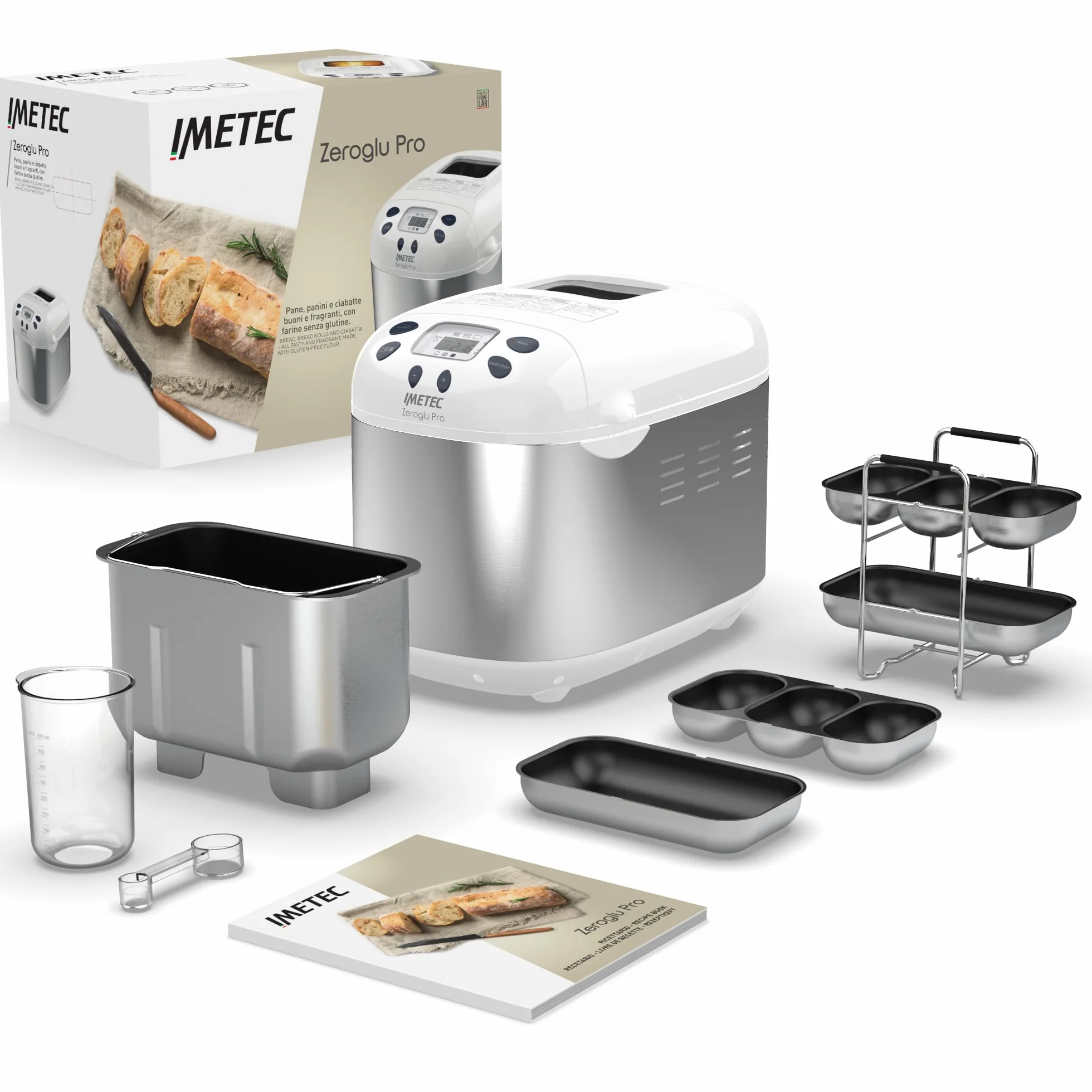 Imetec 7916 Zero-Glu Pro, urządzenie do bezglutenowego chleba, ciabatty i bułek dla osób chorych na celiakię, pizzy, ciast, dżemów, 20 programów, 2 łopatki do mieszania, zeszyt z przepisami o