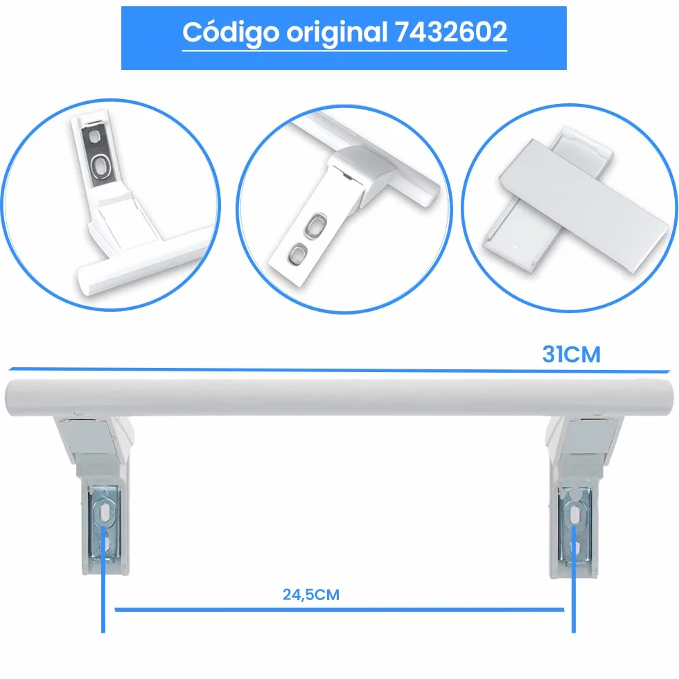 ANAKEL HOME Wymiana uchwytu lodówki 7432602 kompatybilna z lodówką Liebherr, uchwyt lodówki | zawiera 2 dekoracyjne nasadki, białe, 31 cm