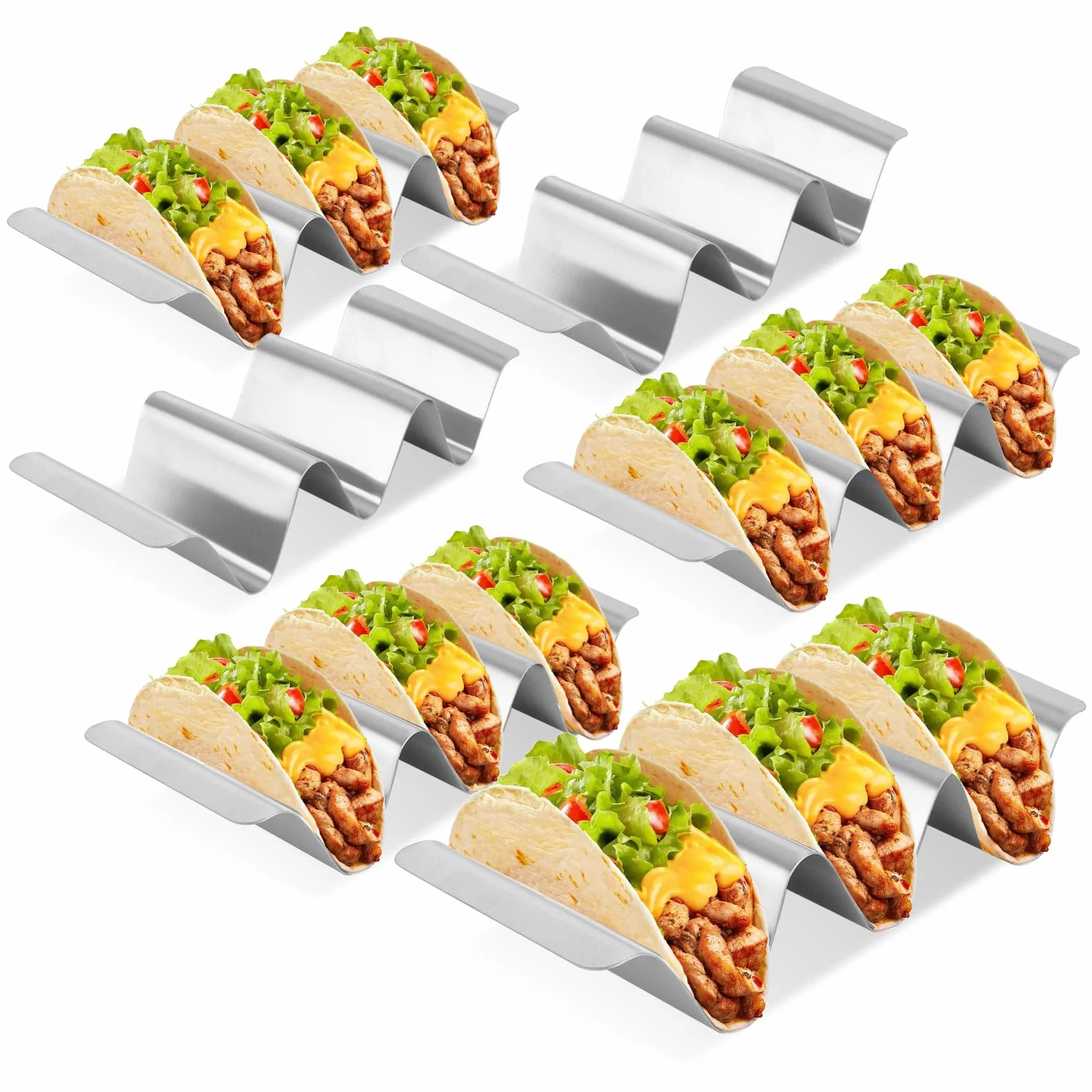 AKOLAFE 6 sztuk uchwytów taco ze stali nierdzewnej, 25 x 10 x 4,5 cm, uchwyt taco z uchwytami, stojak na hot dogi, stojak w kształcie litery U, taco rack Dino na taco, kanapki, chleb, hot dogi i gofry
