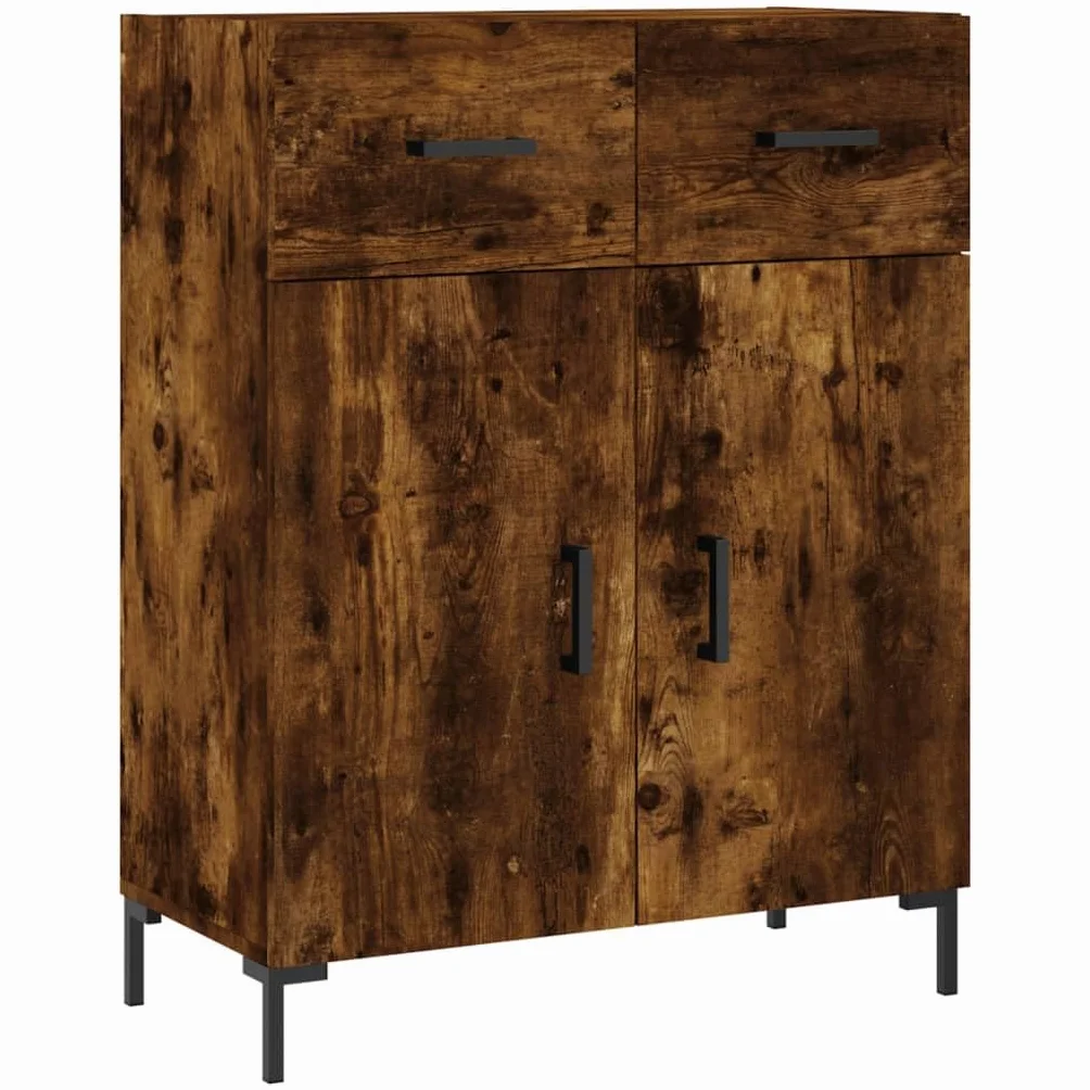 Générique Wysoki bufet wędzony dąb 69,5x34x180 cm, szafka do przechowywania z drewna inżynieryjnego z drzwiami i metalowymi nogami
