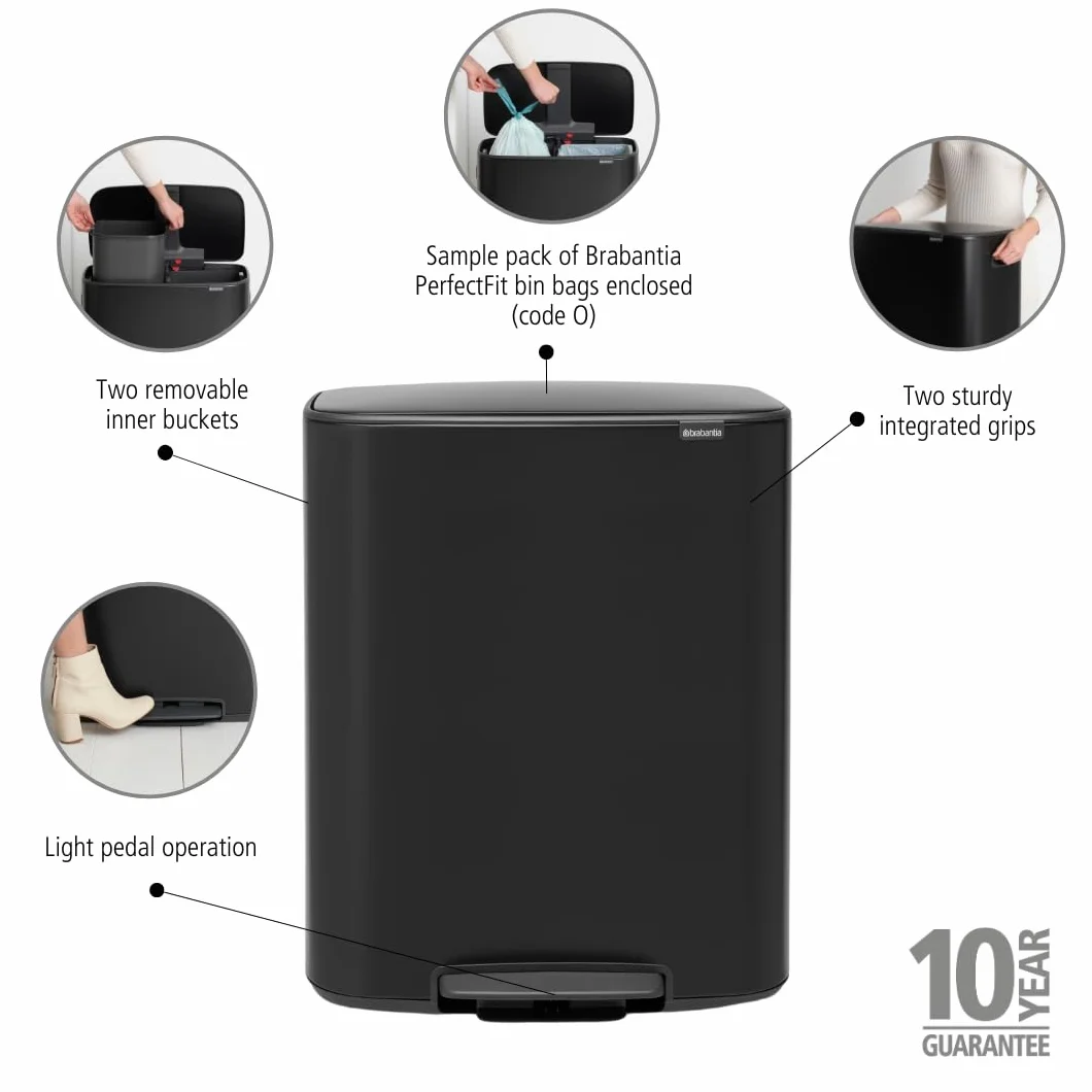 Brabantia Bo Kosz na Pedały 2x30L Duży Kosz na Śmieci do Kuchni Podwójny Czarny 54 x 37 x 65 cm