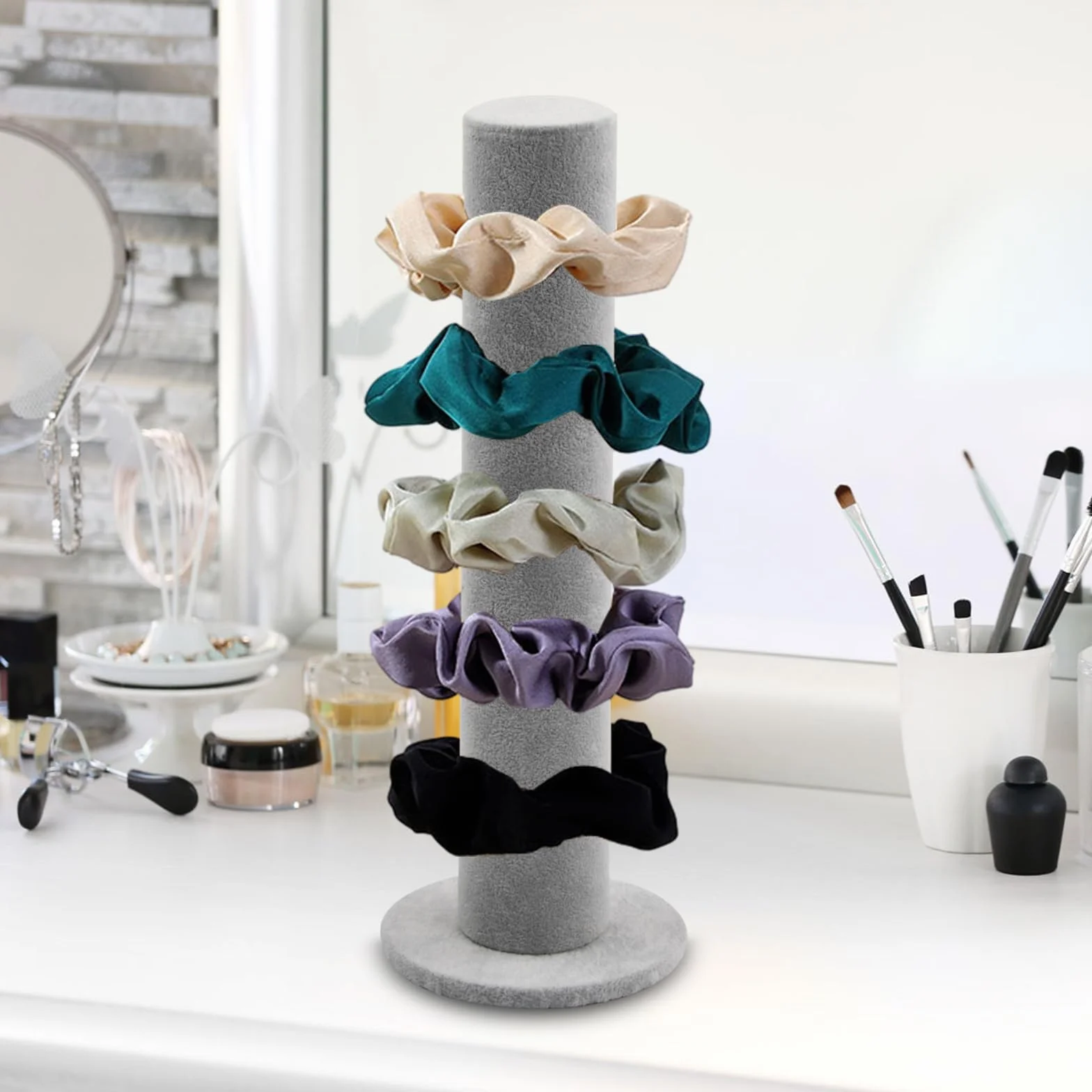 1 x stojak na Scrunchies, 5 x 30 cm, stojak na włosy Scrunchies, pionowy stojak na bransoletki, aksamitny uchwyt na opaskę do włosów (czarny)
