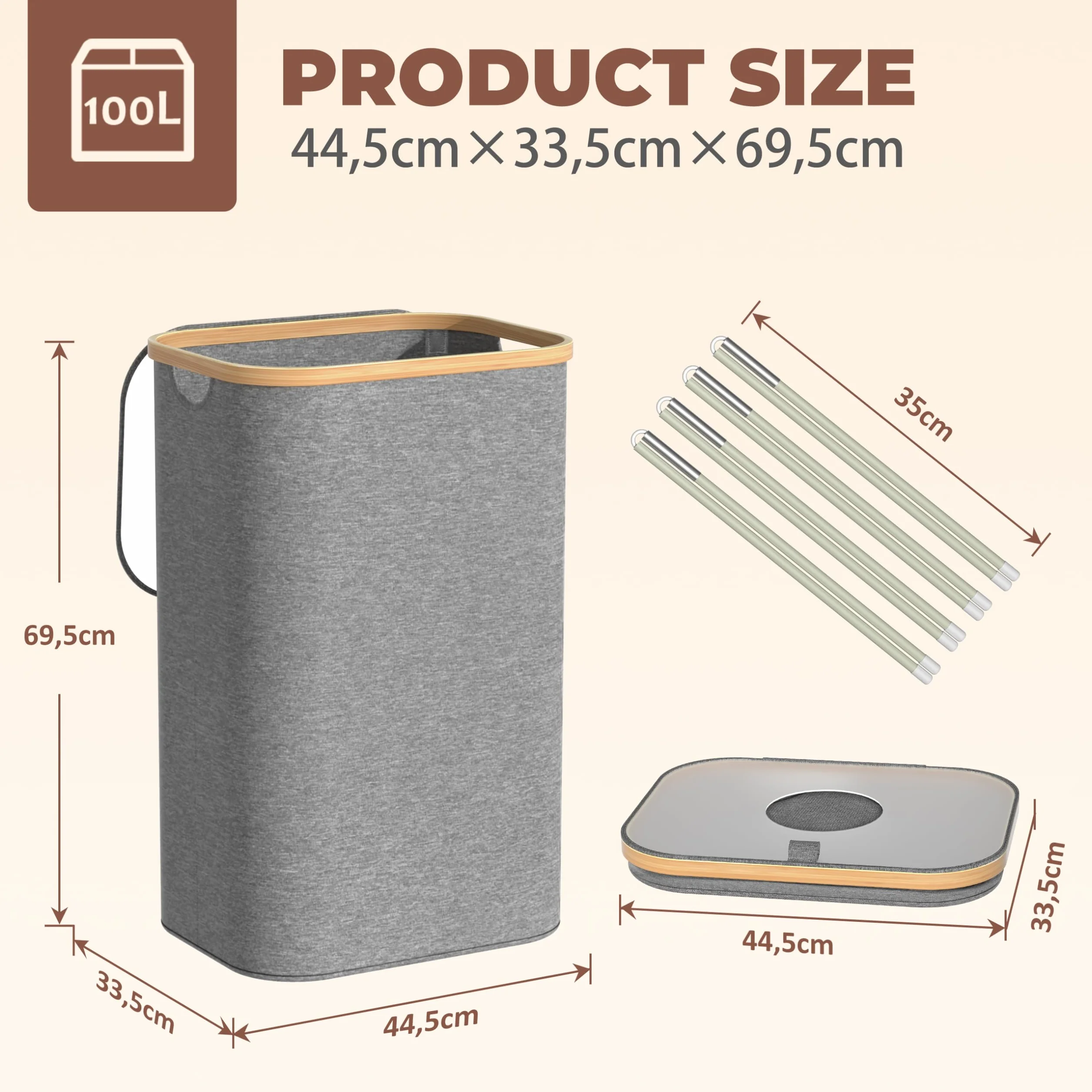 Returnable Bottle Container 100L Grå – Bottle Collector with 2 Transport Bags – Deposit Bottle Container Drop Hole – Bamboo Foldable