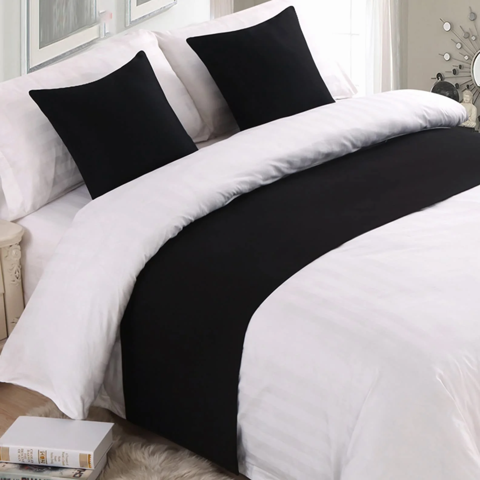 Miękki Bieżnik na Łóżko Czarny Narzuta Jednolity Kolor Dekoracja Domu Szaliki Moda Nowoczesna Mata do Salonu Sypialni Hotelu 210 x 50 cm