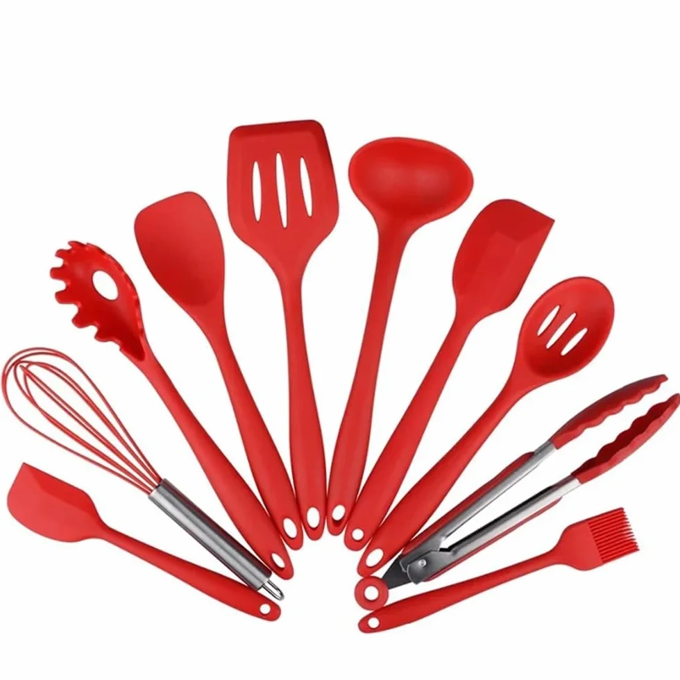 Zestaw do gotowania przyborów kuchennych zawiera 10 sztuk nieprzywierających naczyń do spaghetti, chochlę do zupy, łopatkę szczelinową, trzepaczkę (czerwona)