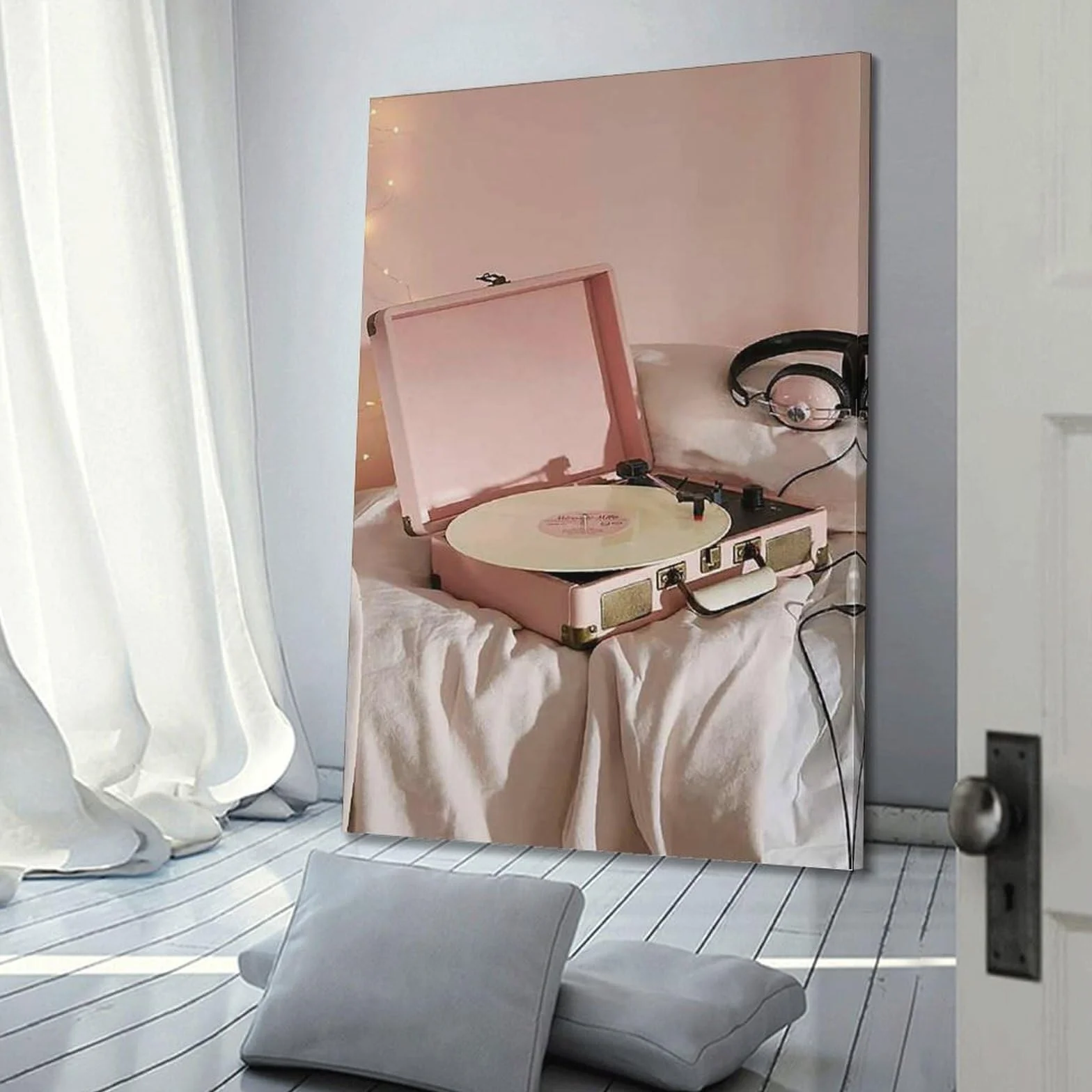Różowy gramofon z płytą winylową i słuchawkami sztuka ścienna, retro dekoracja muzyczna do salonu i sypialni plakat dekoracyjny obraz płótno plakaty ścienne i obraz artystyczny nadruk nowoczesna