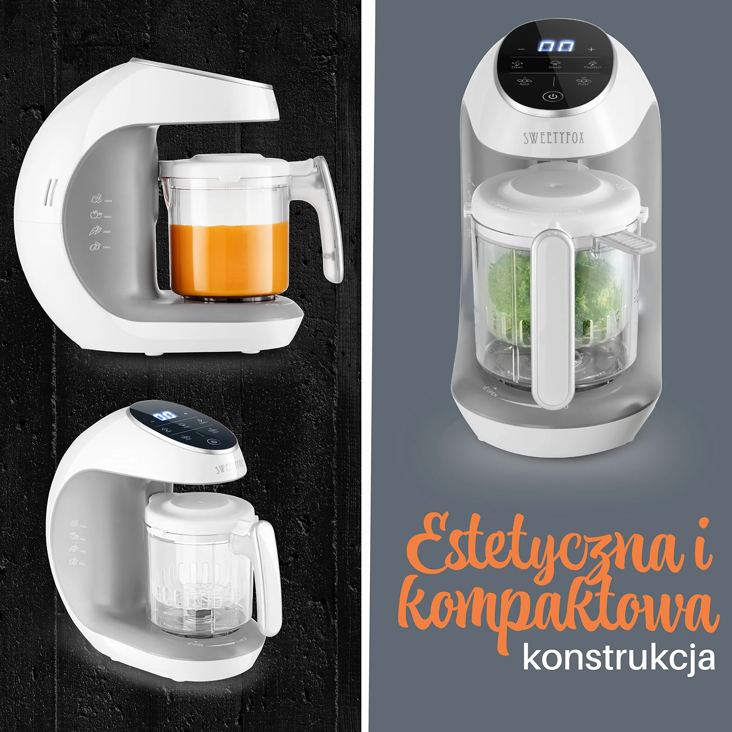 Sweety Fox - Wielofunkcyjny robot do posiłków dla niemowląt 7 w 1 – parowar, mikser, puls, automatyczne czyszczenie, sterylizator butelek, podgrzewacz kubków, rozmrażanie – podgrzewacz do kaszek.