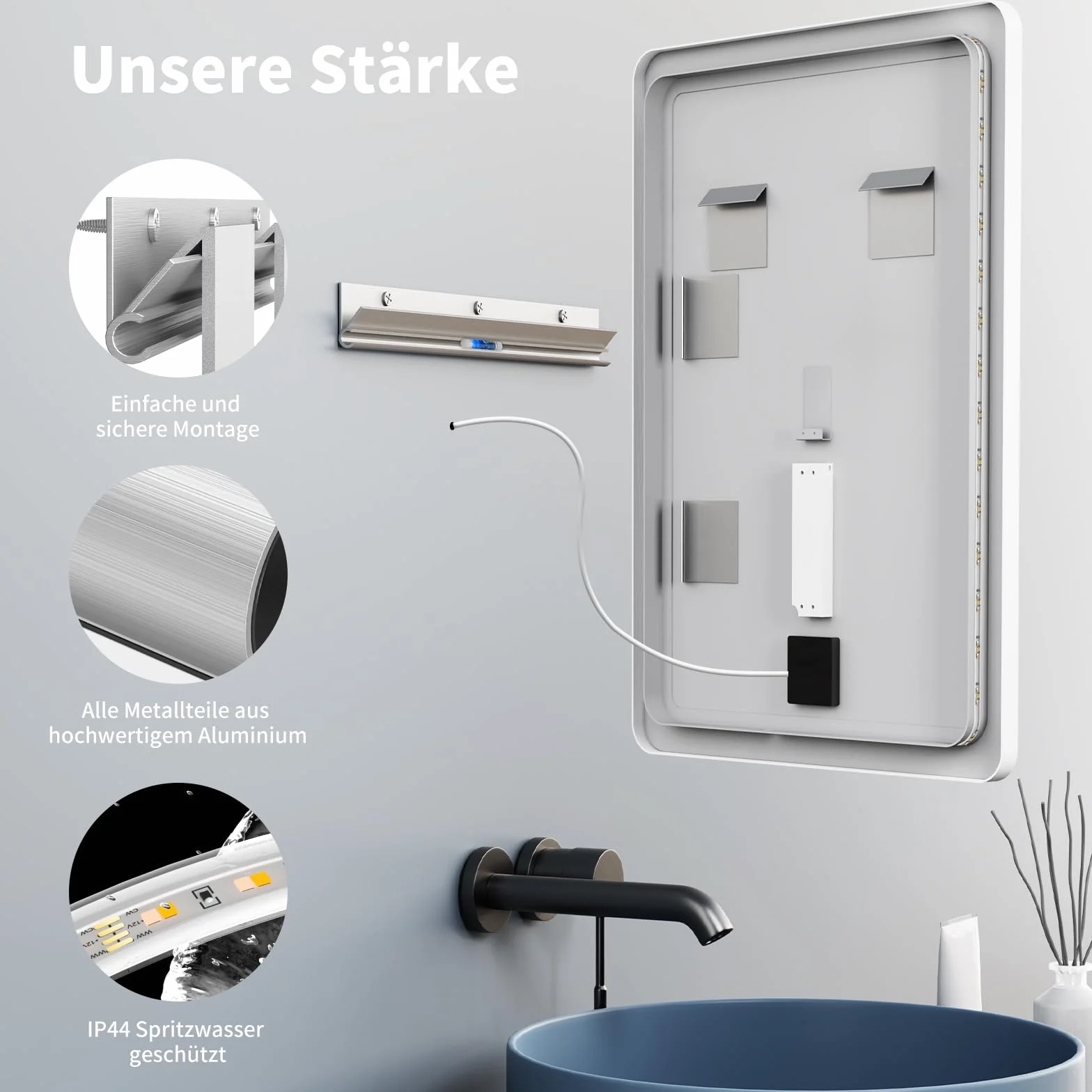 HOKO Lustro łazienkowe LED 50 x 70 cm / 70 x 50 cm Alaska z białą metalową ramą, montaż WYSOKI + POZIOMI. Przełącznik dotykowy, funkcja pamięci + zmiana światła ciepła biel zimna biel neutralna