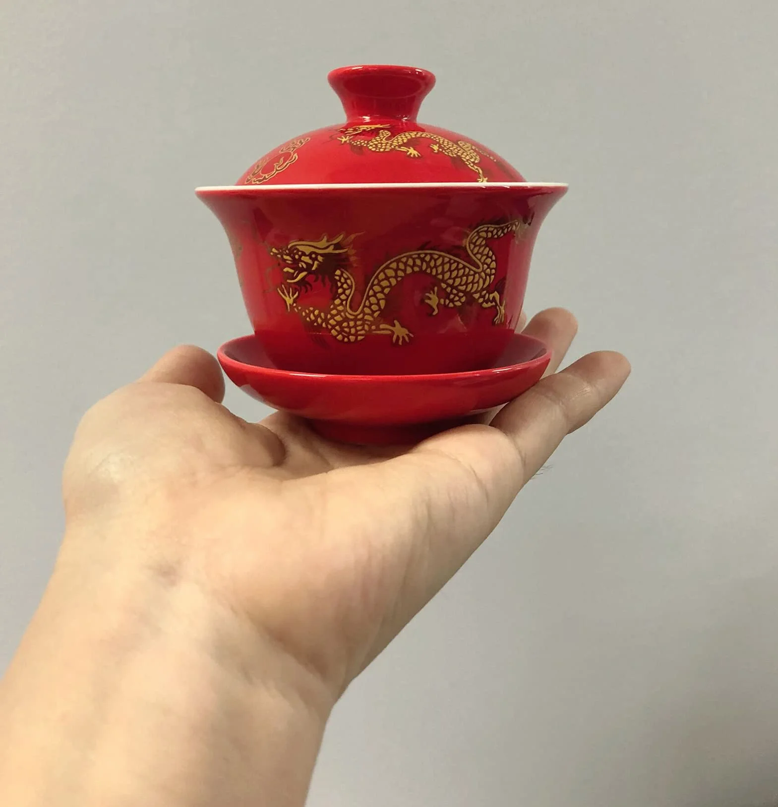 YBK Tech Porcelanowy kubek do herbaty i spodek z pokrywką w stylu Gong Fu Cha tradycyjny chiński wzór smoka