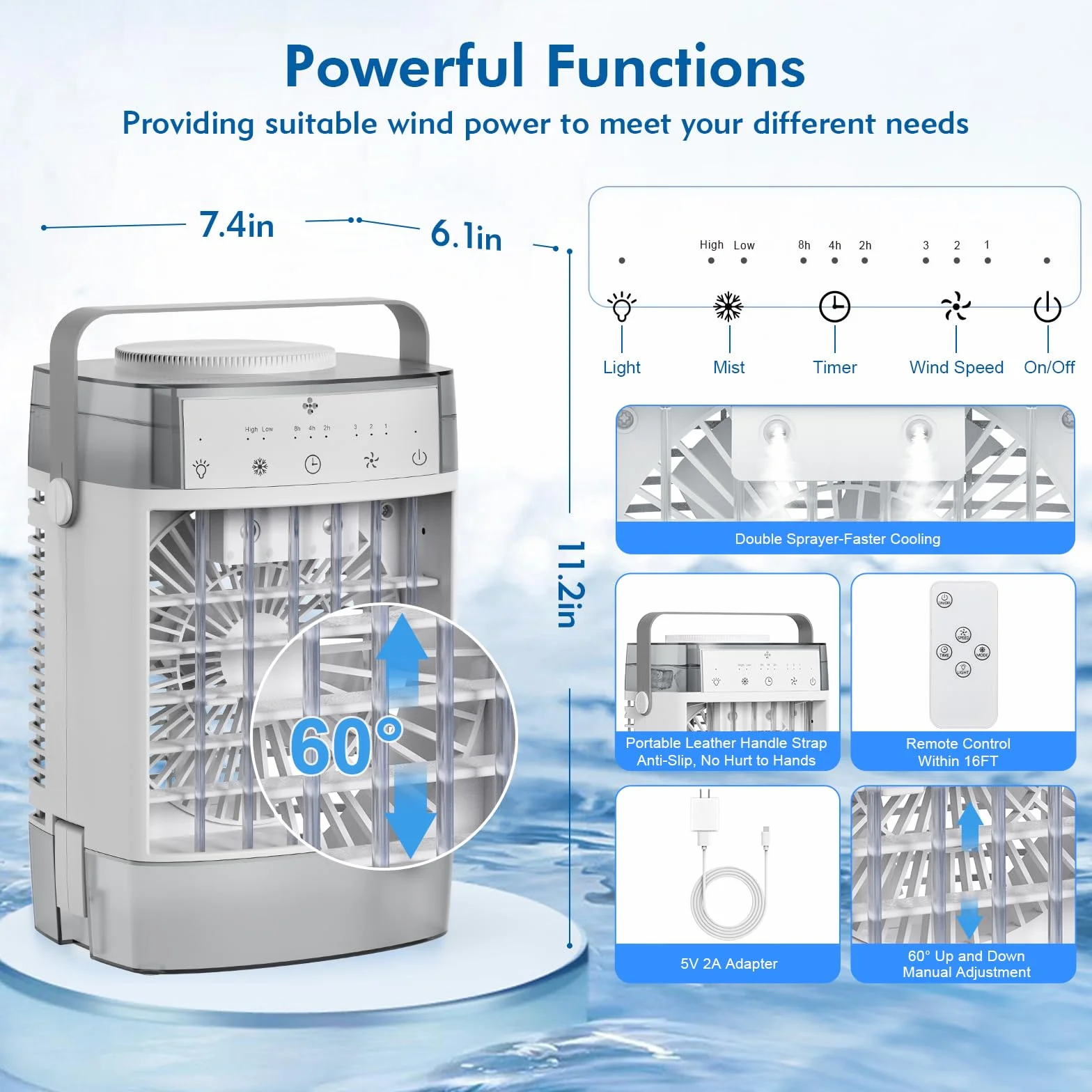 Przenośny klimatyzator, klimatyzator 3 w 1, osobisty mini klimatyzator ze zbiornikiem wody 1000 ml, timer 2/4/6h, mały wentylator chłodzący ładowany przez USB (adapter 5 V 2 A) do