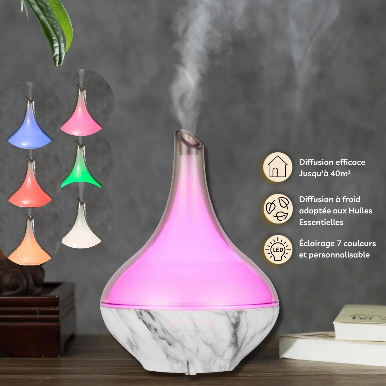 Zen'Aroma Dyfuzor olejku Hestia, ultradźwiękowy dyfuzor do aromaterapii zimnej, elektryczny dyfuzor nawilżacza, konfigurowalne oświetlenie LED, nowoczesny design, cichy i kompaktowy