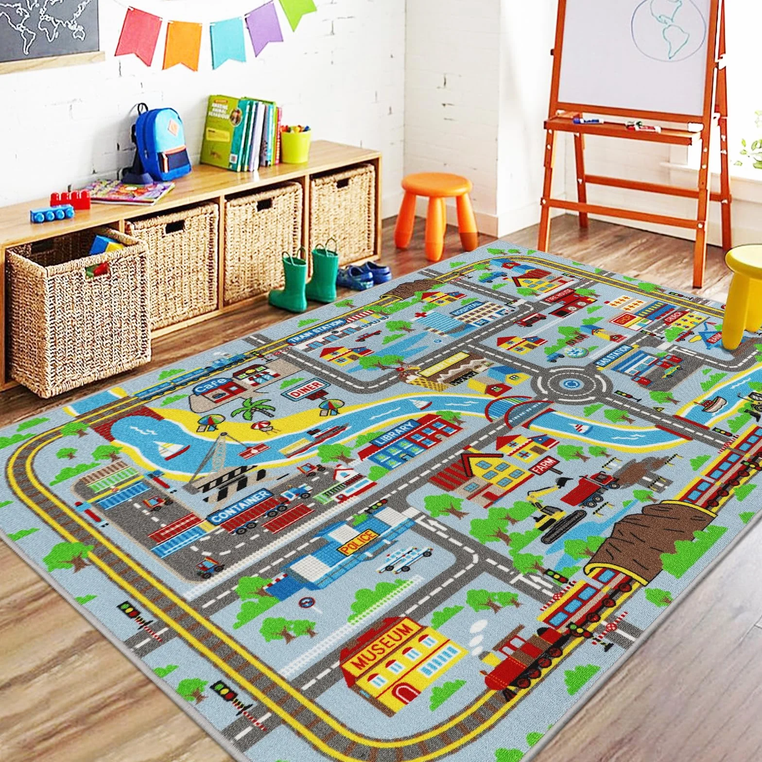 Capslpad Antypoślizgowa mata do zabawy dla dzieci, 150 x 200 cm, z mapą miasta, plac zabaw, nadaje się do prania, mata do zabawy, z krótkim włosiem, do nauki, do pokoju dziecięcego, pokoju zabaw