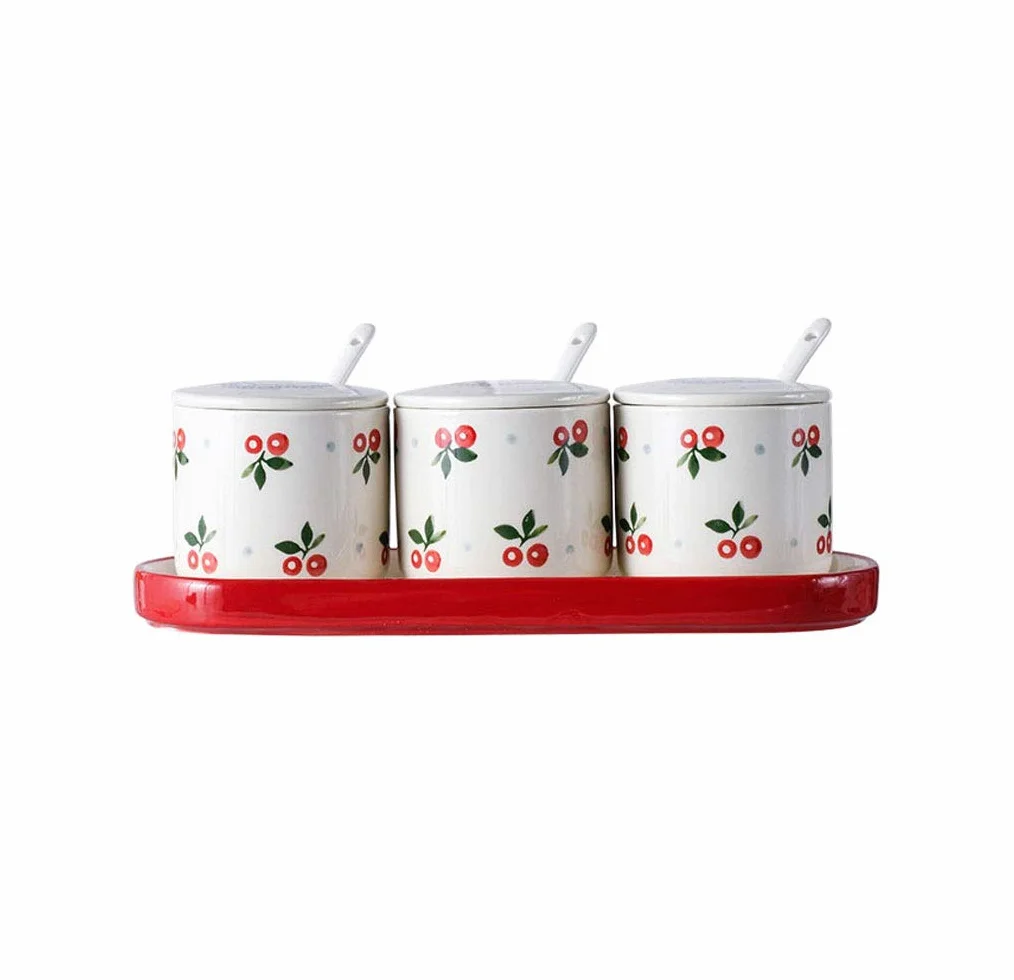 Ceramiczne doniczki na przyprawy, ceramiczne miski na cukrowe, pojemniki na przyprawy z pokrywkami, tace i łyżeczka ceramiczna do kuchni, kawiarni i domu, zestawy 3 szt