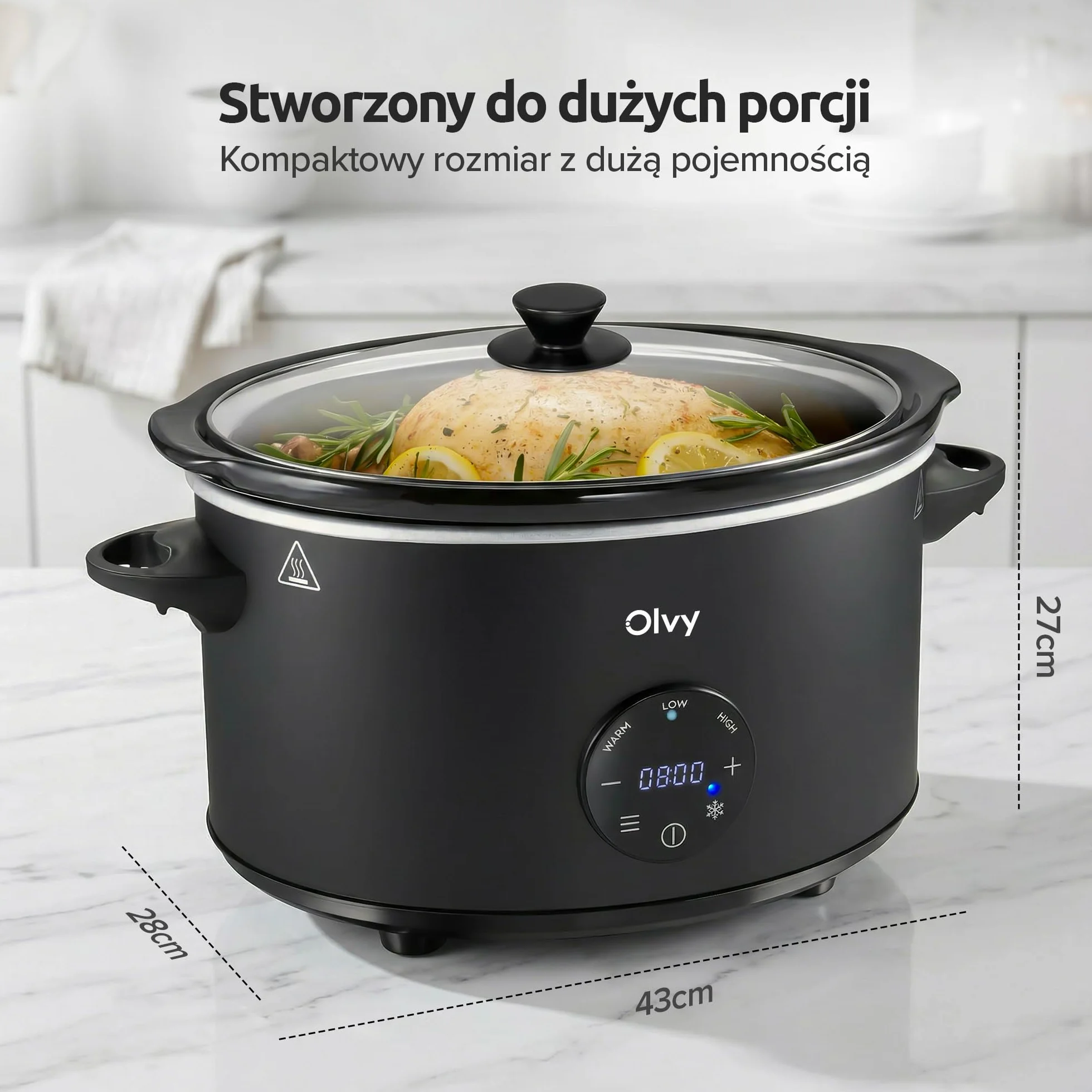 Olvy Slow Cooker 6 l Pro cyfrowy wolnowar z timerem, ekranem dotykowym, funkcja rozmrażania, 24 h, timer, 3 stopnie