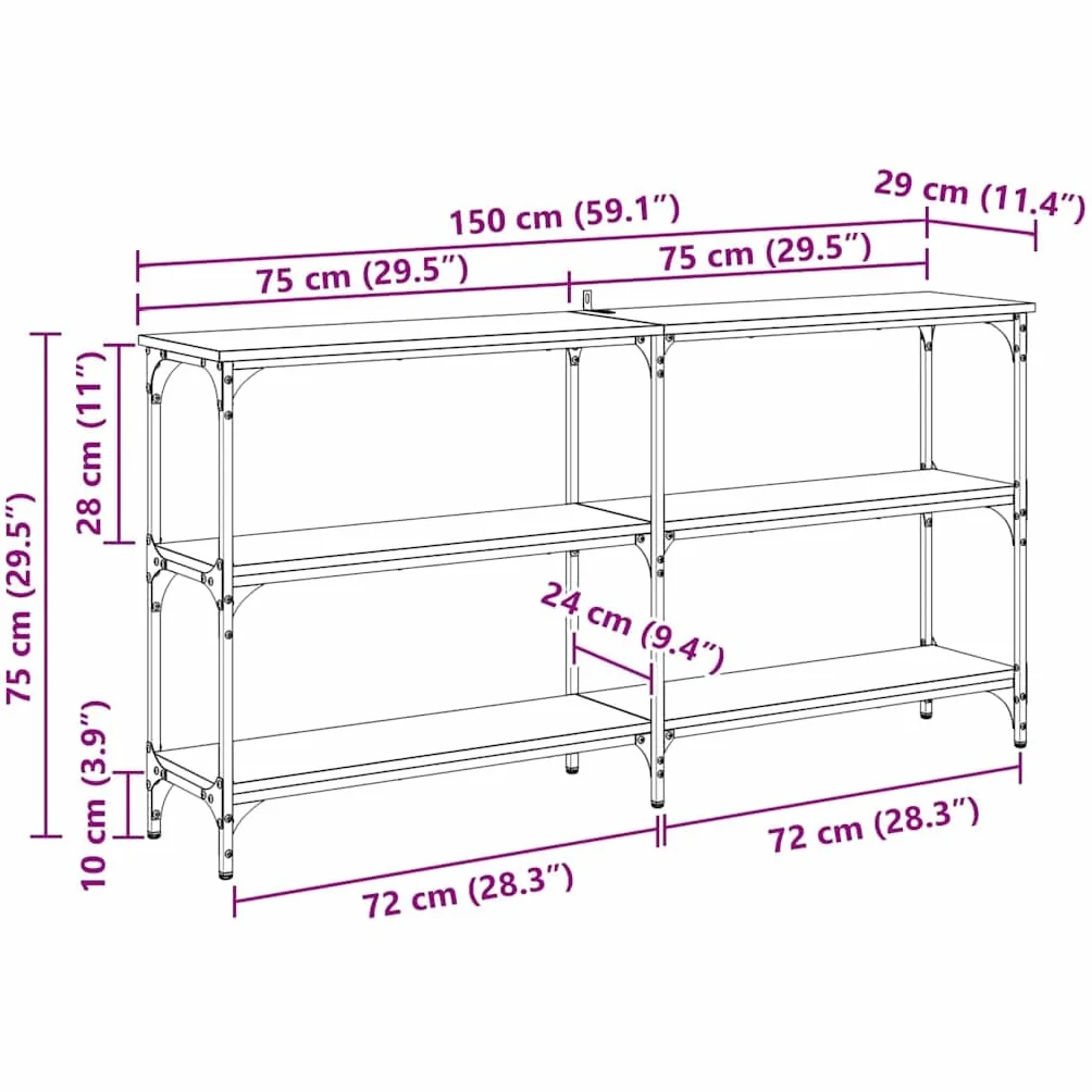 vidaXL Konsola Czarny Dąb 150 x 29 x 75 cm Drewno inżynieryjne i metal