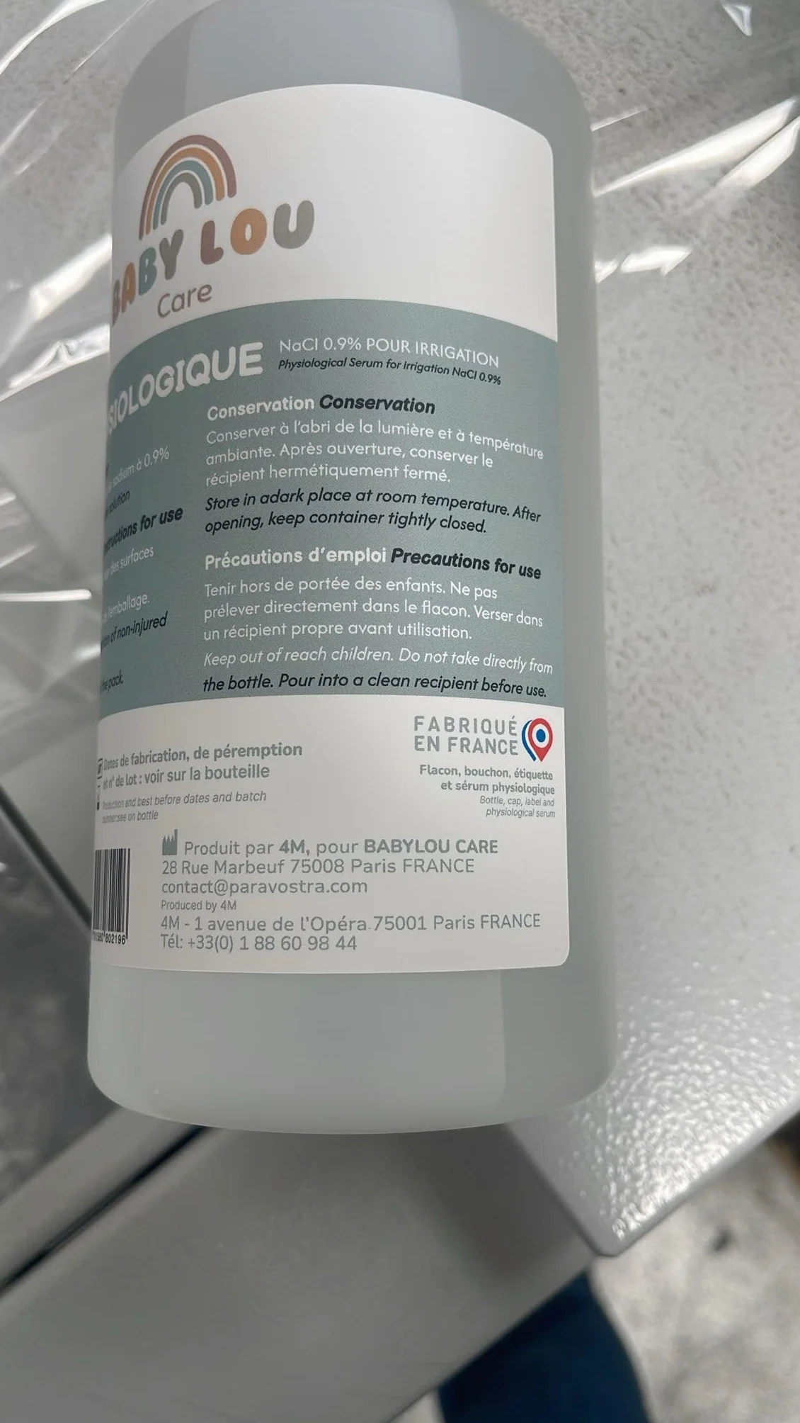 Butelka fizjologicznego roztworu soli 500 ml, NaCl 0,9%, wyprodukowano we Francji, oczyszczanie przewodów nosowych, higiena nosa, do nawadniania zewnętrznego