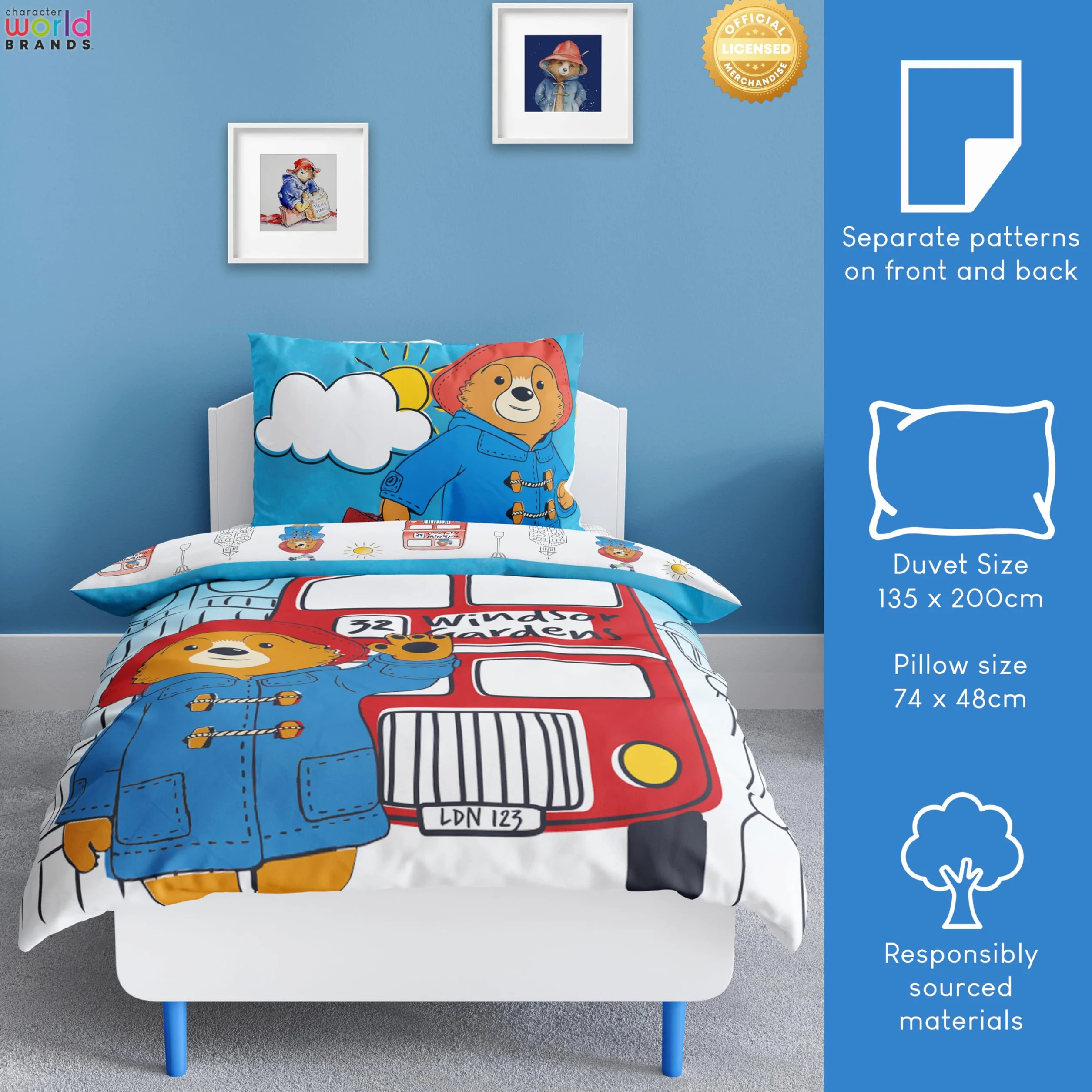 Character World Oficjalny zestaw poszewek na kołdrę Paddington Bear™ | 2-stronna dwustronna konstrukcja stacji, dopasowana poszewka na poduszkę, zestaw na pojedyncze łóżko, biały i niebieski, bawełna