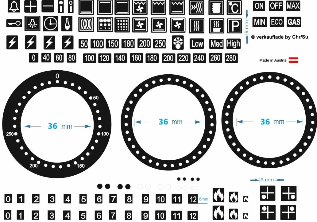 Naklejki na kuchenkę elektryczną i gazową z symbolami RPM2/6 białe znaki na czarnym tle