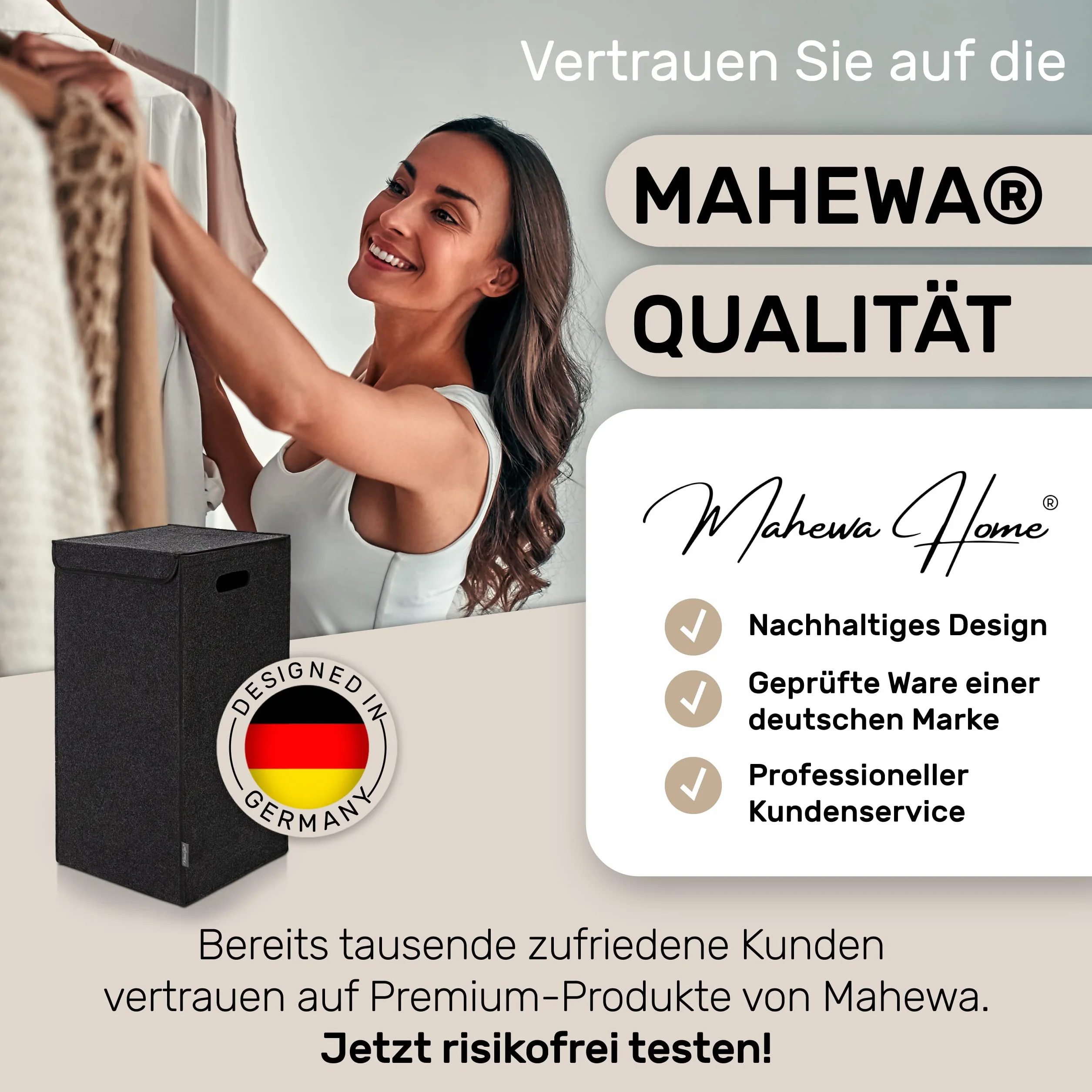 MAHEWA® Kosz na pranie z pokrywką z filcu, duży, 80 litrów, filcowy kosz na pranie, nie zajmuje dużo miejsca, składany kosz na pranie, z pokrywką (antracytowy)