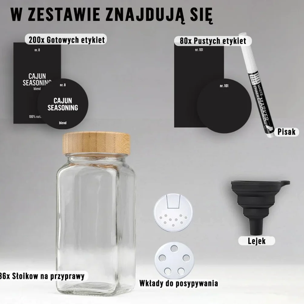 Deco haus® Słoiczki na Przyprawy z Nakrętką - Zestaw 36 sztuk - Różne Nasadki do Wytrząsarek, Lejek, Pędzelek, Etykiety i Kreda - Idealne do Naszych 4 Stojaków na Przyprawy - 120 ml, 10,8 x 4,5 cm
