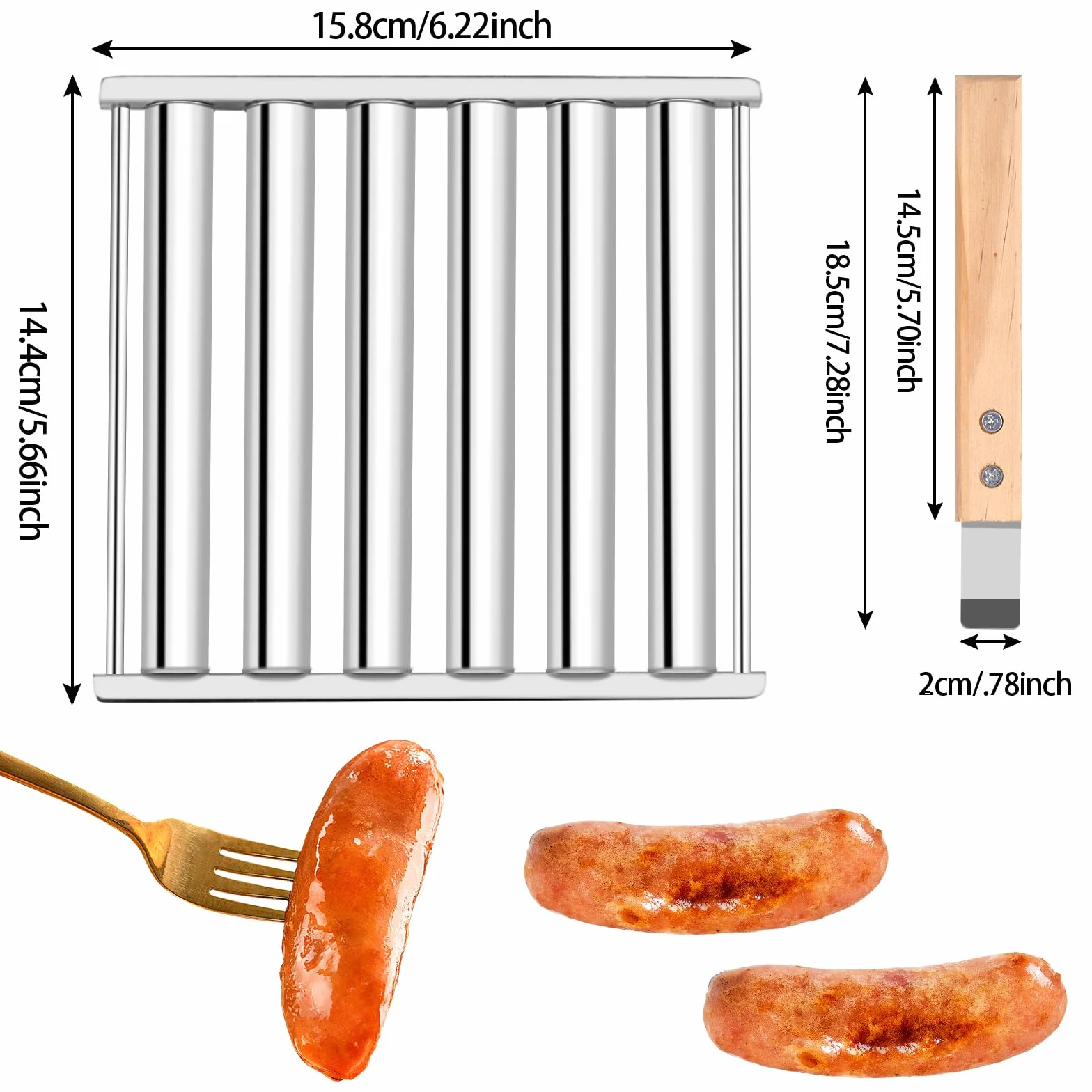 Grill rolkowy do hot dogów, grill do kiełbasy, 5 hot dogów, 6-rolkowy podgrzewacz z uchwytem, stojak rolkowy do kiełbasy ze stali nierdzewnej (1 zestaw)