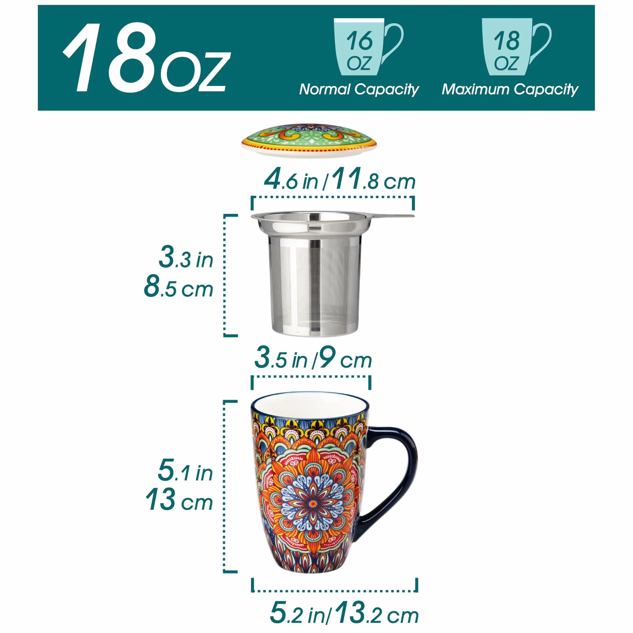 vancasso Filiżanka do herbaty z pokrywką i sitkiem, 540 ml, ceramiczna filiżanka do herbaty, duża, piękna filiżanka z sitkiem, na herbatę sypką, nadaje się do mycia w zmywarce i używania w kuchence