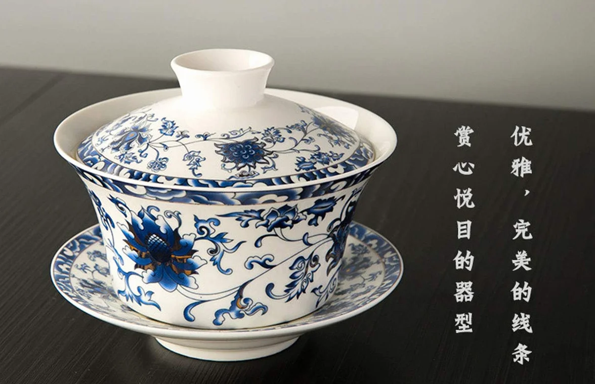 Tradycyjny zestaw do herbaty Gaiwan z pokrywką i spodkiem, filiżanka do herbaty Gongfu, porcelanowe filiżanki z motywem lotosu, 10 uncji