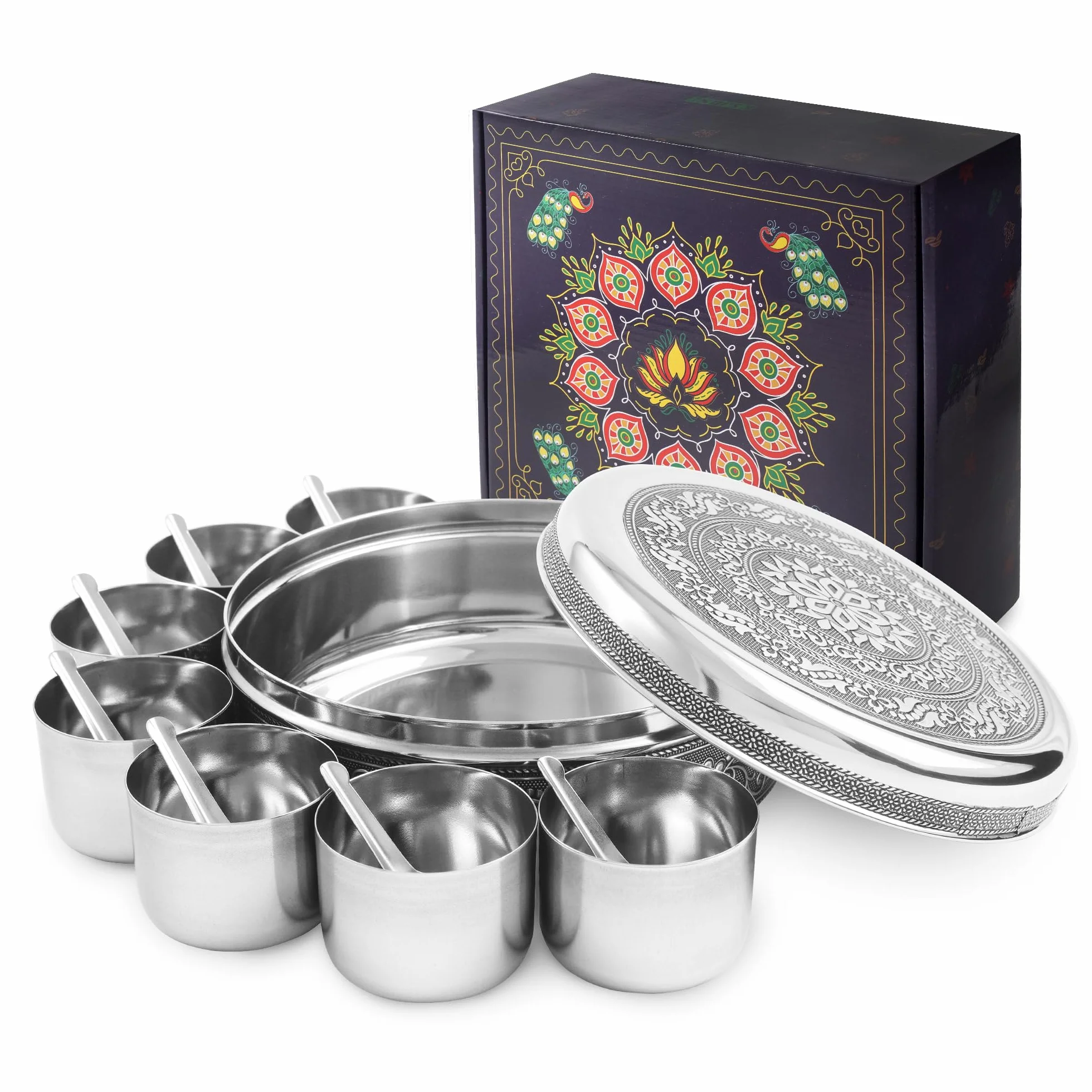 KSJONE Designerska Masala Dabba – 8-calowy pojemnik na przyprawy ze stali nierdzewnej, zawierający 7 oddzielnych pojemniczków i łyżeczki; indyjski organizer na przyprawy z pokrywką