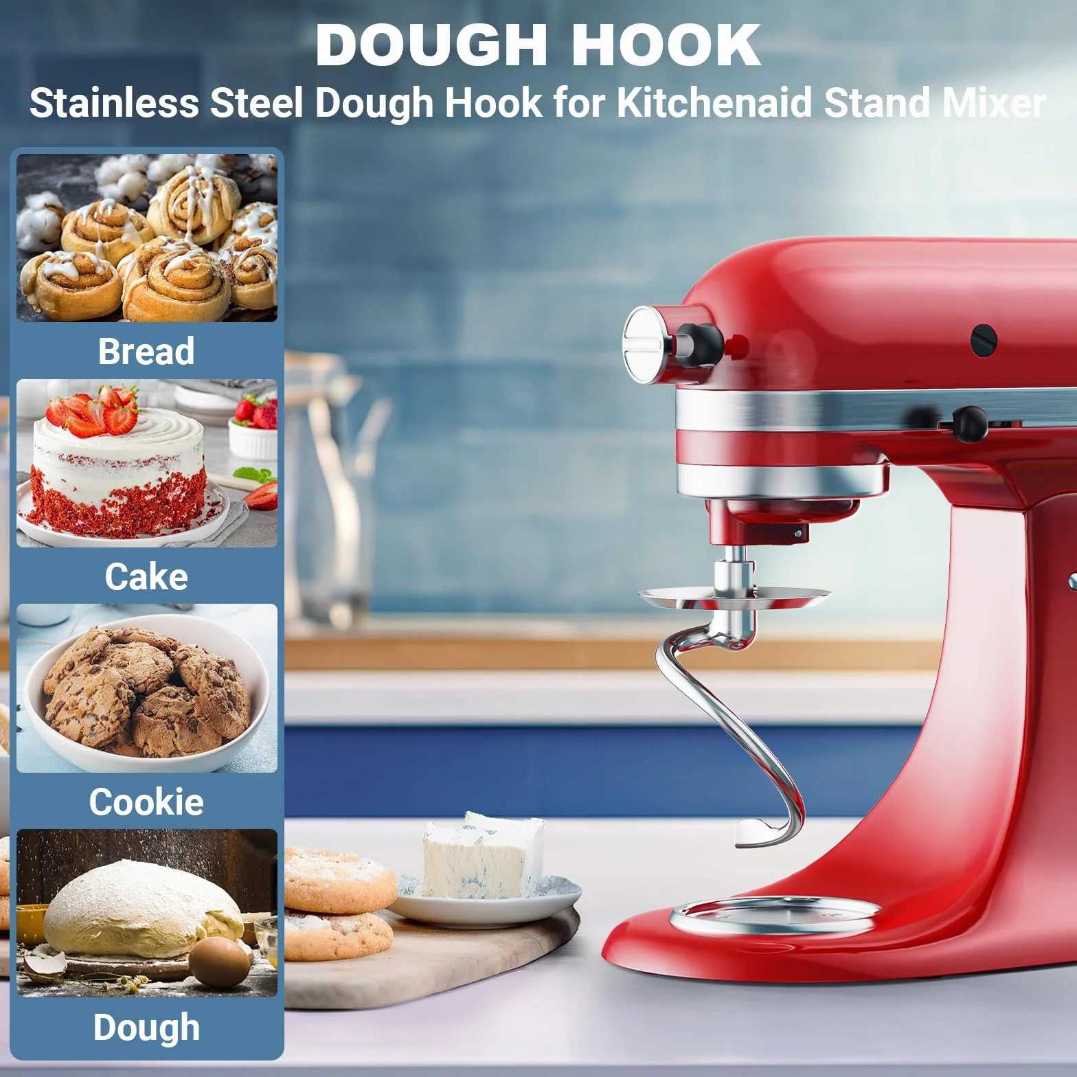 COFUN Hak do ciasta ze stali nierdzewnej do KitchenAid, Bicz z nachyloną głowicą 2-2,5 litra dla haka do ciasta KitchenAid, Zmywalny w zmywarce