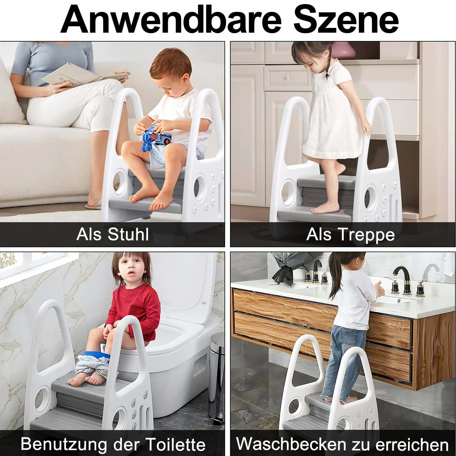 UISEBRT Taboret dla dzieci, 2 poziomy, stołek dziecięcy, dla małych dzieci, wieża do nauki, antypoślizgowa, z tworzywa sztucznego, do łazienki, sypialni, kuchni, pokoju dziecięcego, szary