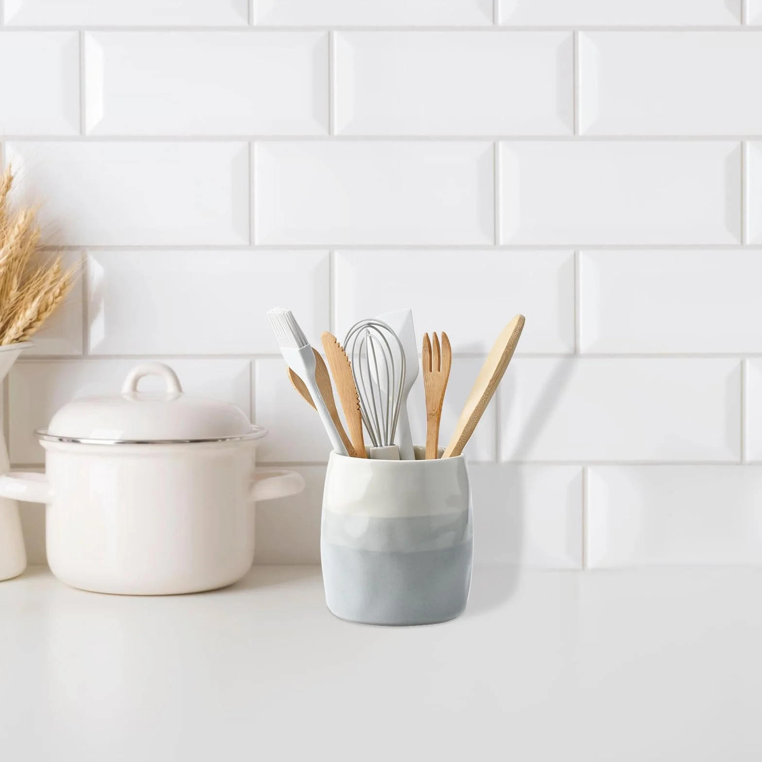 Ceramiczny Pojemnik na Przybory Kuchenne, Garnek na Akcesoria Kuchenne do Organizacji Blatu, Ceramiczny Organizer na Łyżki, Szpatułki i Sztućce, Kremowo-Szary Warstwowy Design (S)