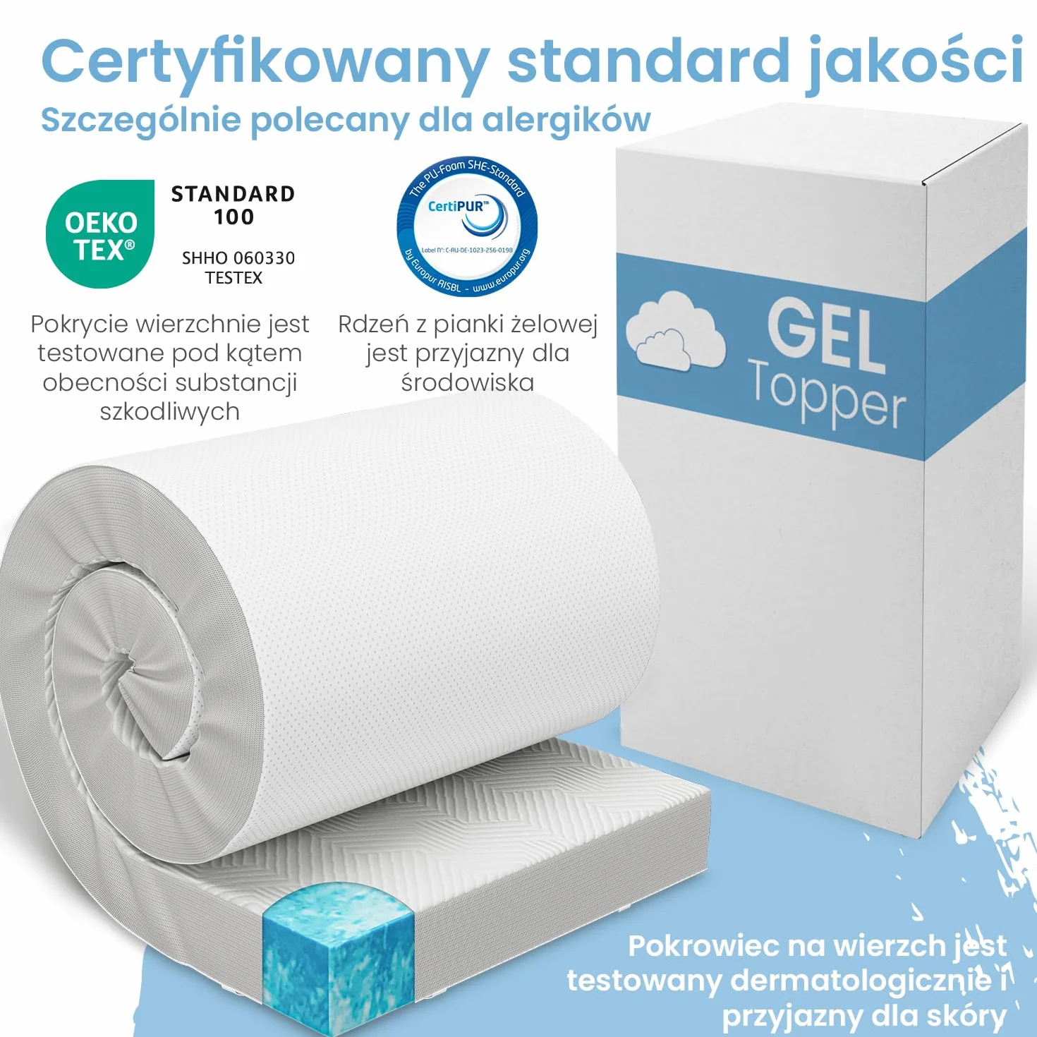 ELONEO Gel Topper 90x200cm, nakładka na materac z 8 cm pianki żelowej z pamięcią kształtu, oddychający pokrowiec z siatki 3D, wygodny nakładka na materac z elastycznymi taśmami narożnymi