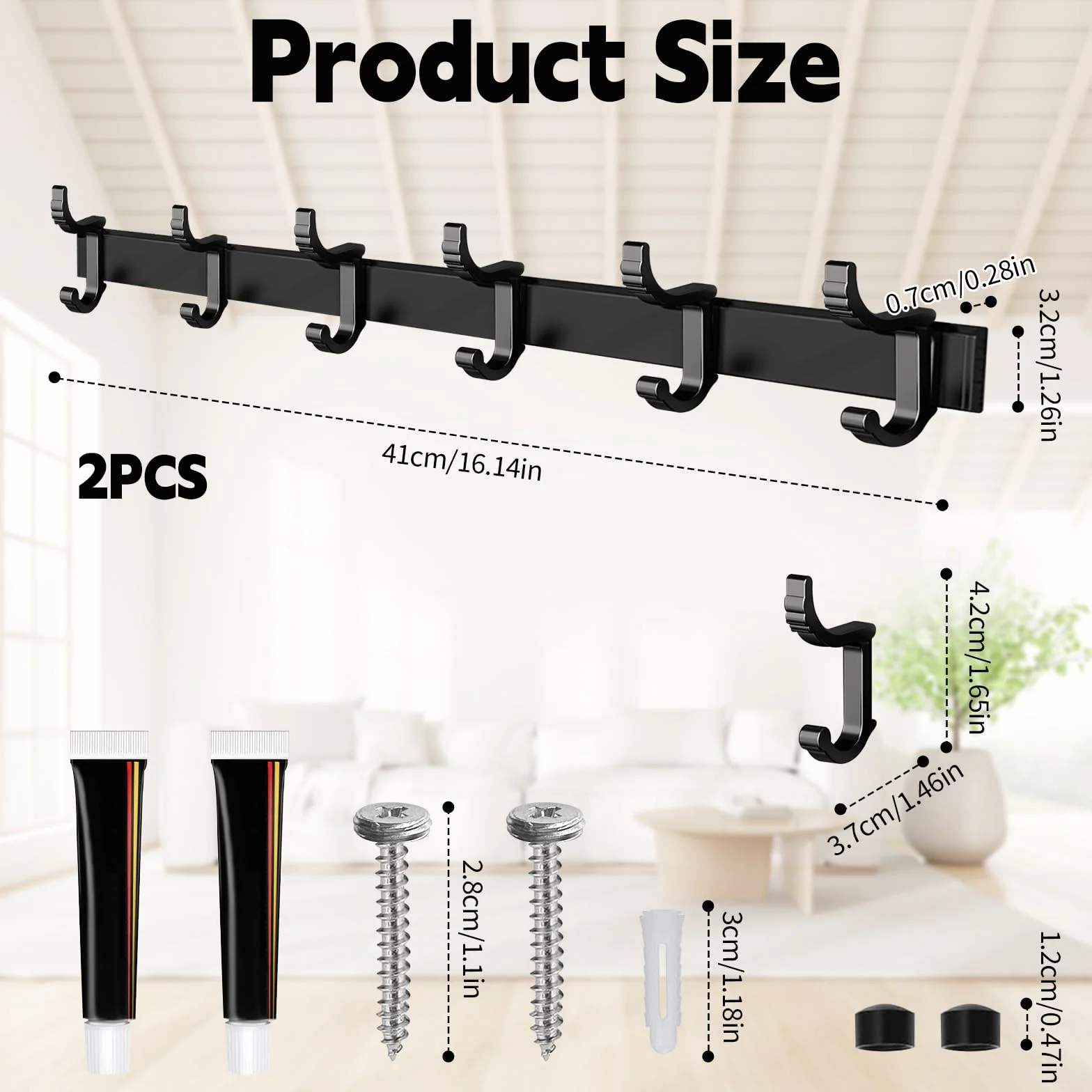 Aluminiowy reling kuchenny 40 cm z 6 ruchomymi haczykami samoprzylepny bez wiercenia