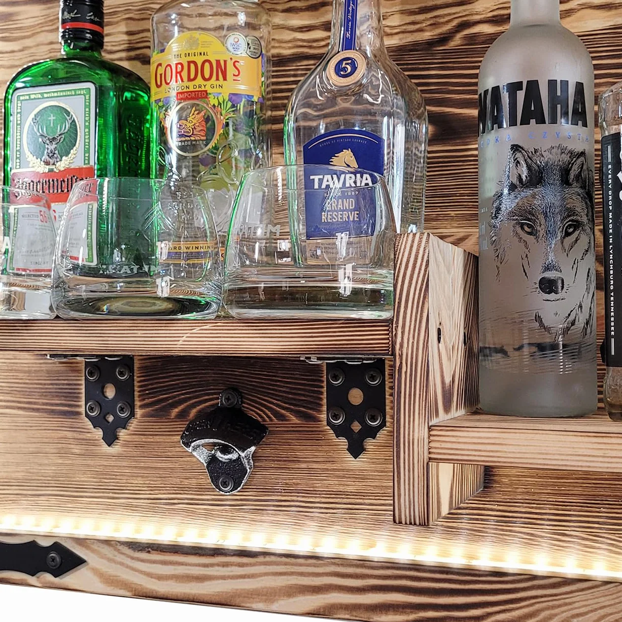 weeco Regał wiszący na ścianie, oświetlenie LED, rustic alkoholowy stojak, regał ścienny, stojak na whisky