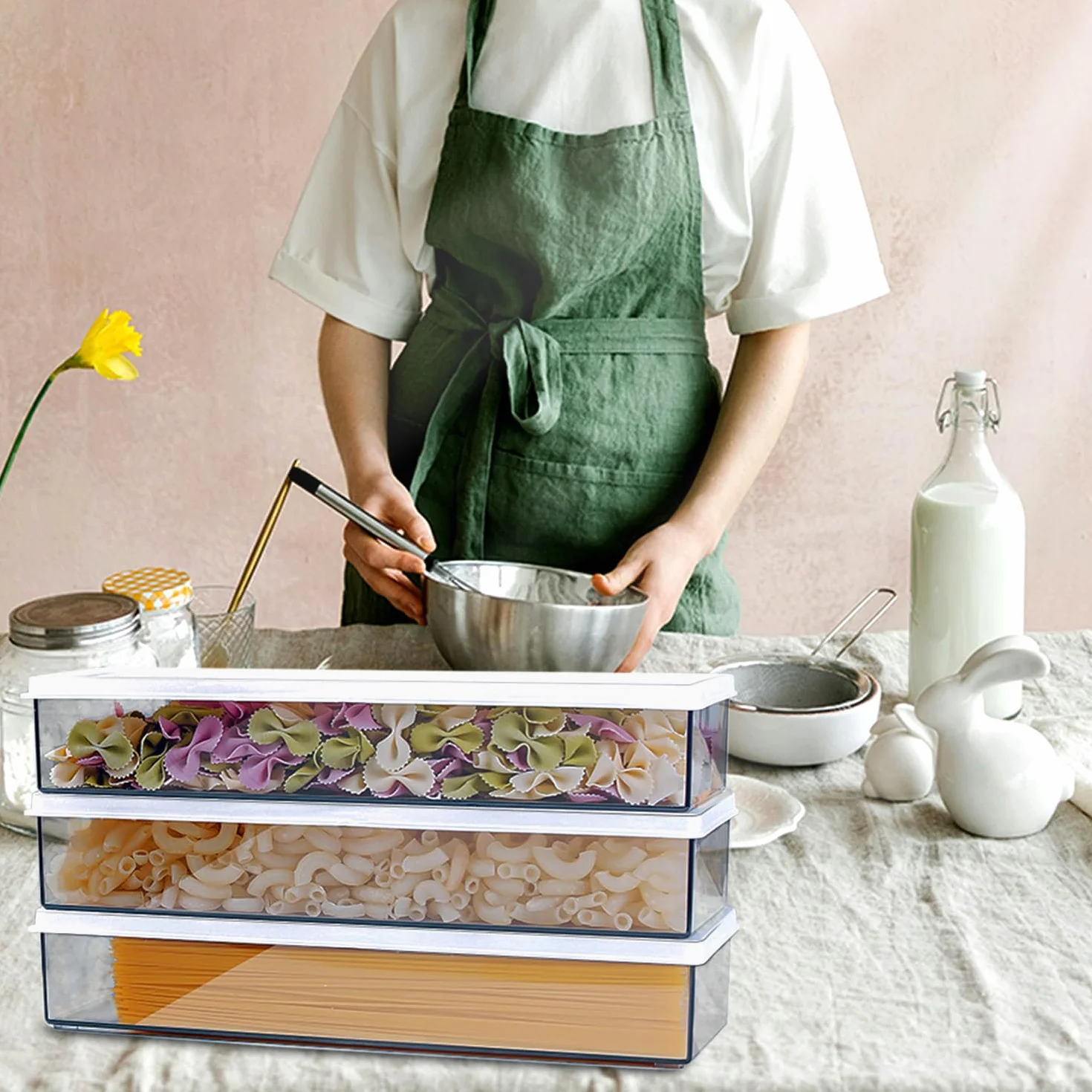 2 sztuki pojemników do przechowywania makaronu w pozycji leżącej, z pokrywką, nie zawiera BPA, pojemniki na makaron, makaron, makaron, musli, przekąski (1100 ml)