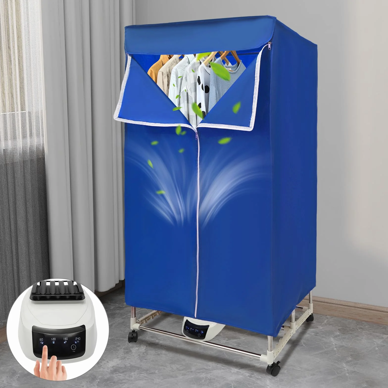 Suszarka na pranie, 1500 W, suszarka na ciepłe powietrze, przenośna, elektryczna suszarka do domu, mała suszarka z timerem, mobilna suszarka na ubrania, składana, IPX1 (niebieska)