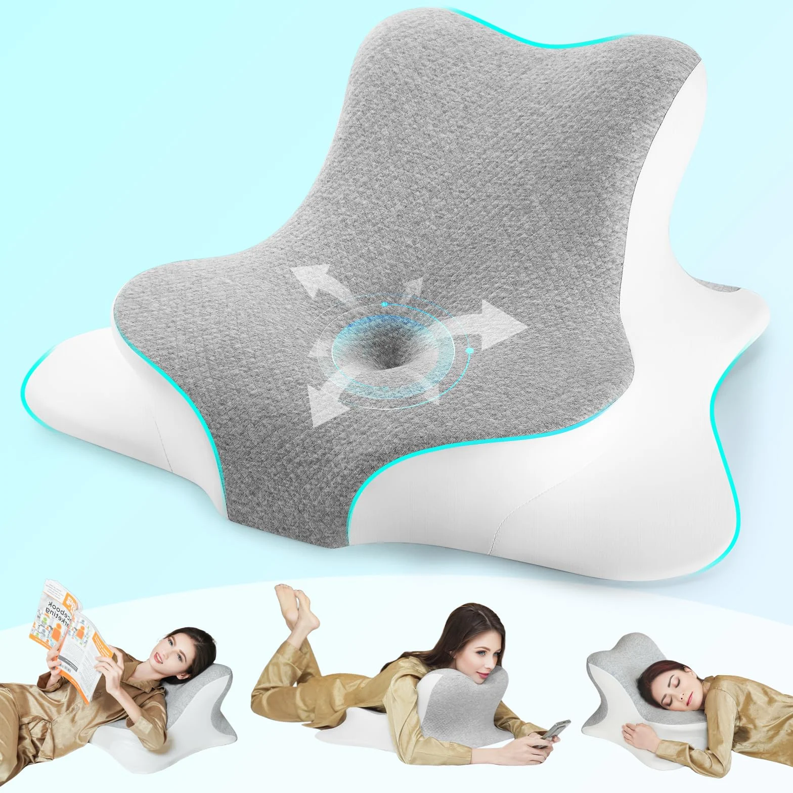 Poduszka pod kark, poduszka ortopedyczna z pianki z pamięcią kształtu, ergonomiczna poduszka, odpowiednia dla osób śpiących na boku, plecach i brzuchu (szara)