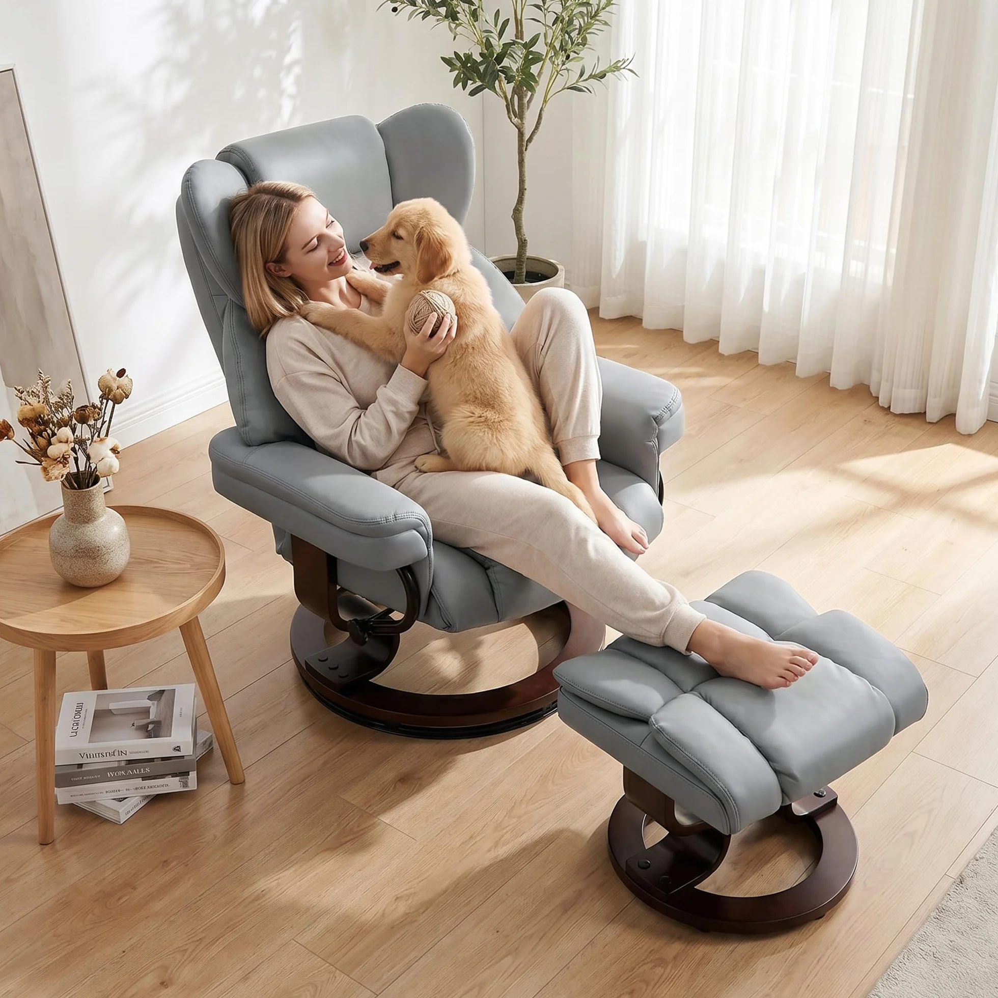 HOMCOM Fotel relaksacyjny z taboretem, obracany o 360° fotel telewizyjny z funkcją leżenia, fotel tapicerowany do salonu, sypialni, sztuczna skóra, jasnoszary
