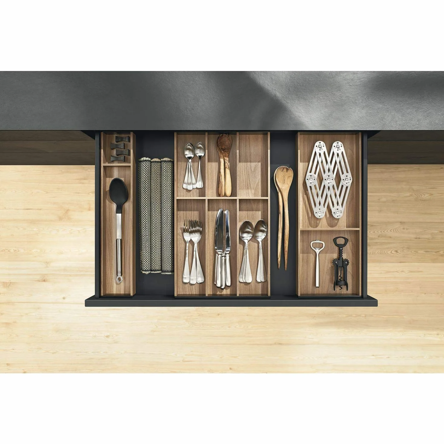 blum AMBIA-LINE wkład na sztućce | premium organizer szuflady do nowoczesnych kuchni i mebli | porządkuje sztućce | z nóżkami antypoślizgowymi | 42×30×5 cm | Dąb Nebraska