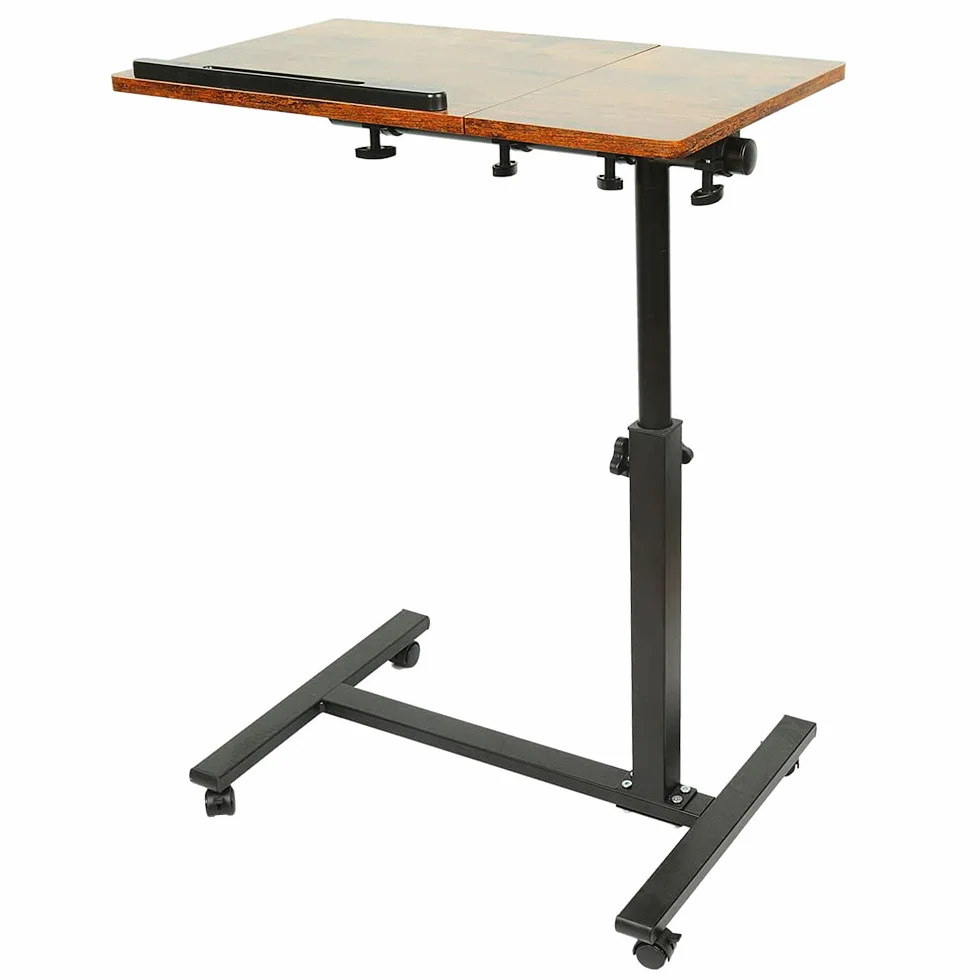 HUOLE Stolik na laptopa z regulacją wysokości z 4 kółkami obrotowymi, biurko na laptopa z automatyczną dźwignią do sypialni, biura, 60 x 34,5 x 58-90 cm (brązowy)