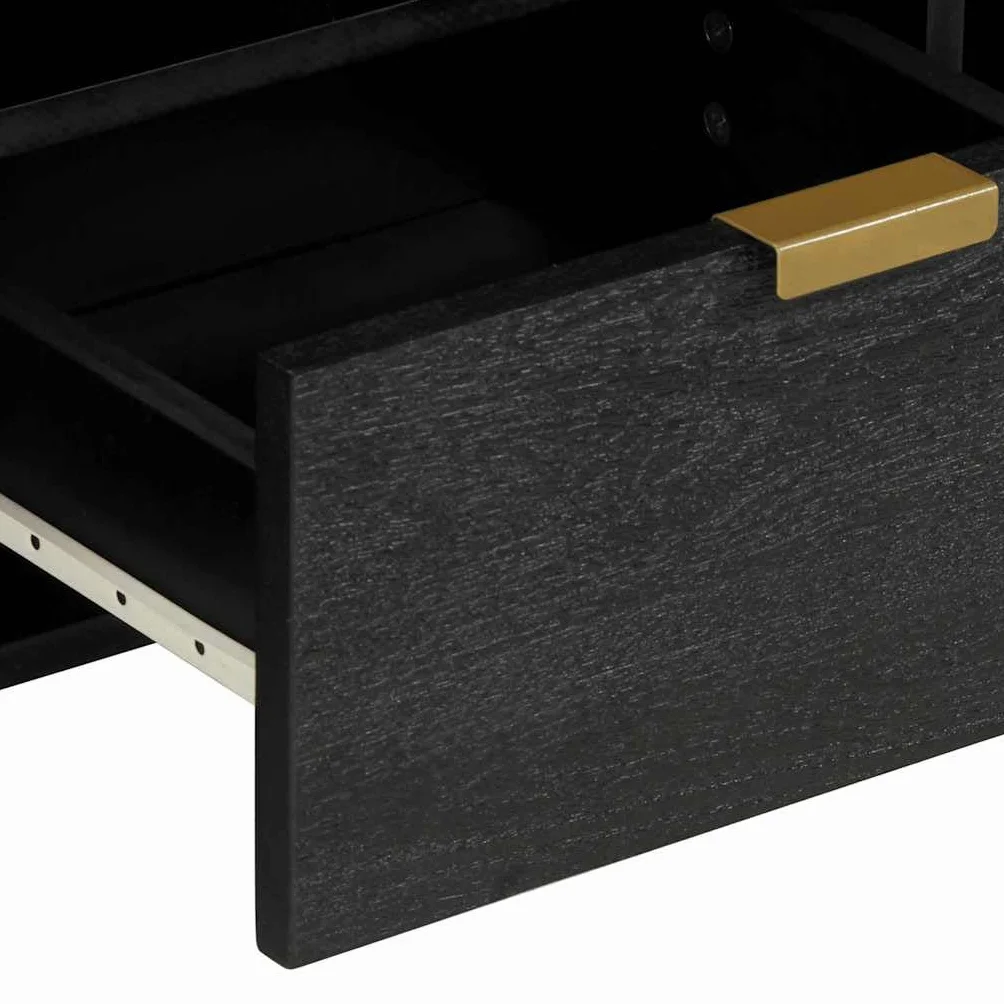 Szafka TV czarna, 100 x 33 x 46 cm, materiał drewnopochodny, z metalowymi uchwytami, dużo miejsca do przechowywania urządzeń TV, salonu i sypialni, konsola medialna